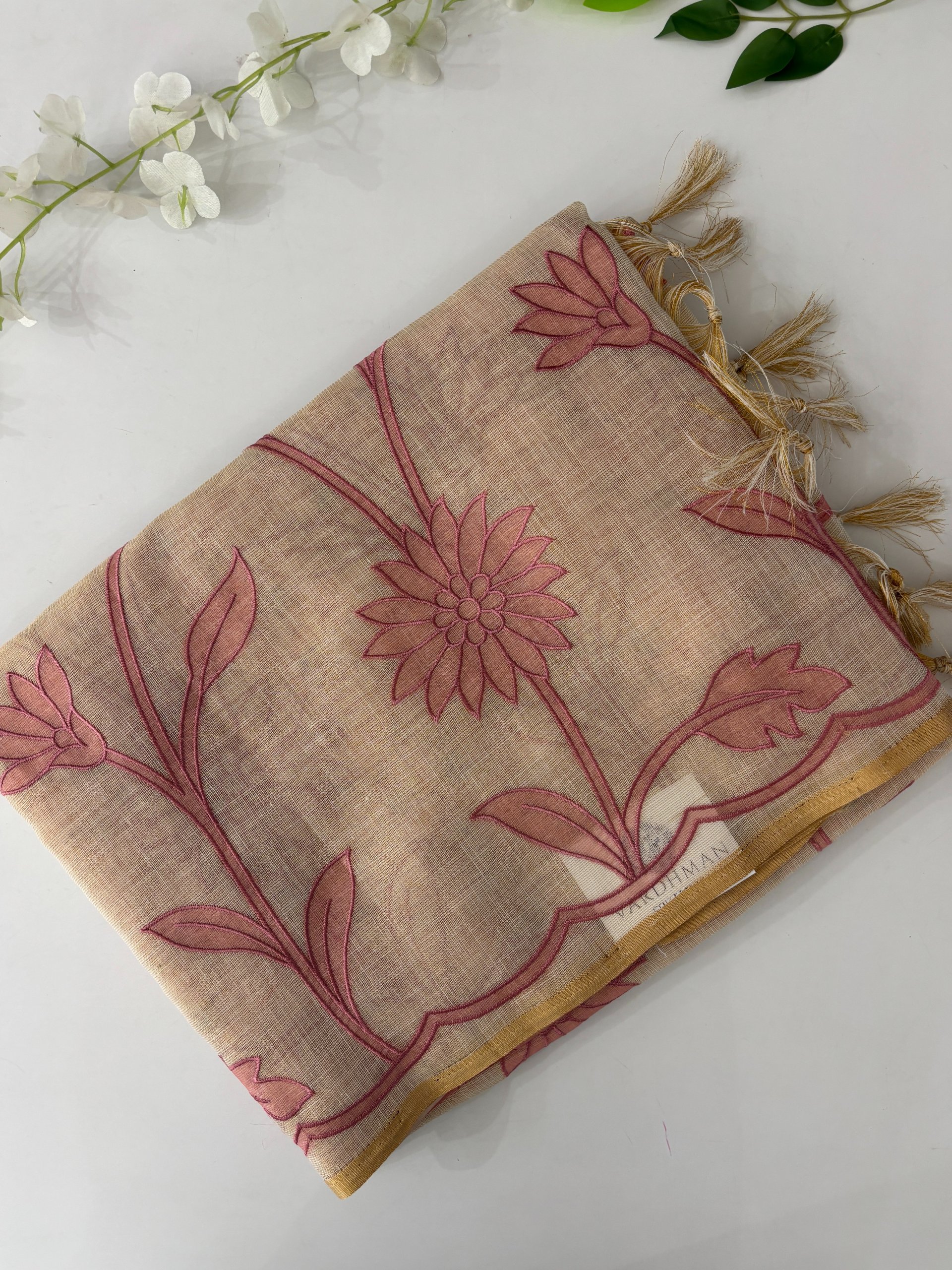 Cream with Pink Applique Work Saree