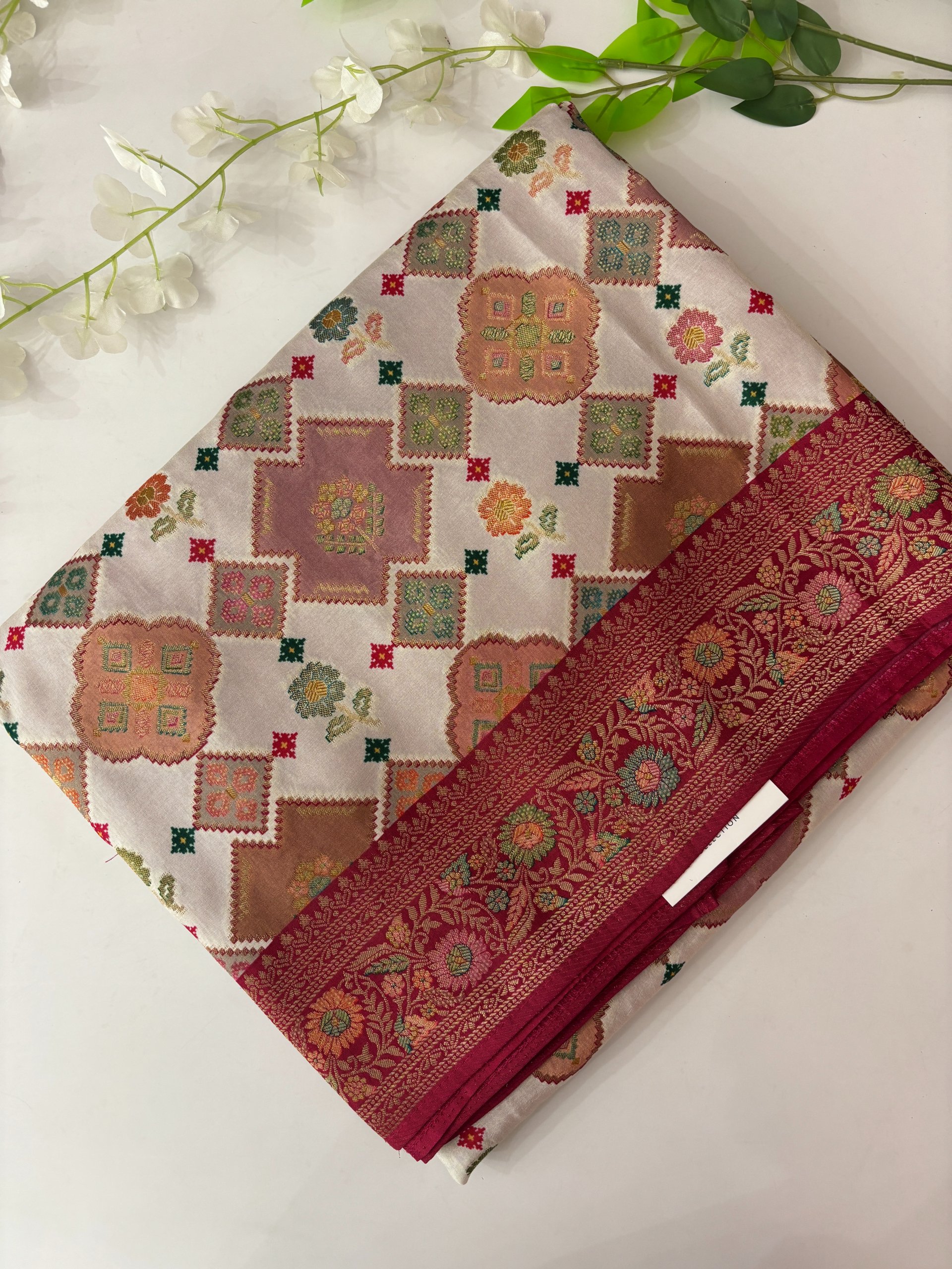 White and Red Banarasi Patola Saree