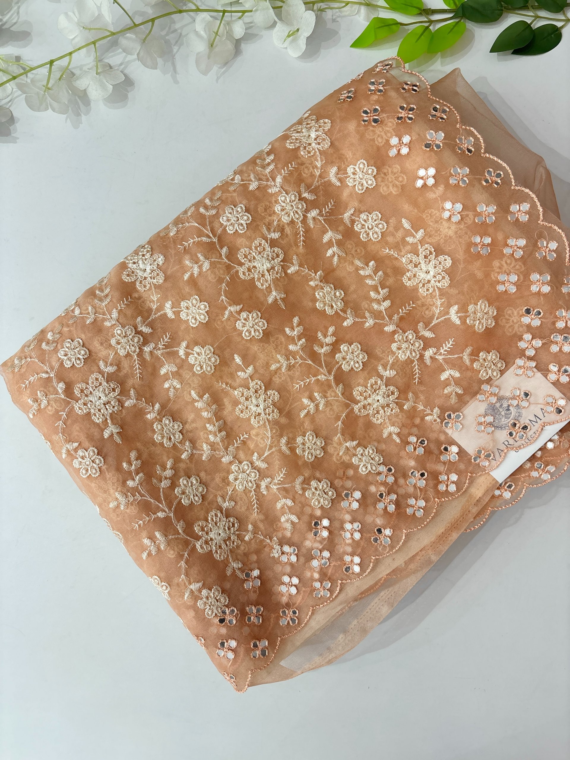 Light Peach Organza Saree with Embroidery & Mirror Work
