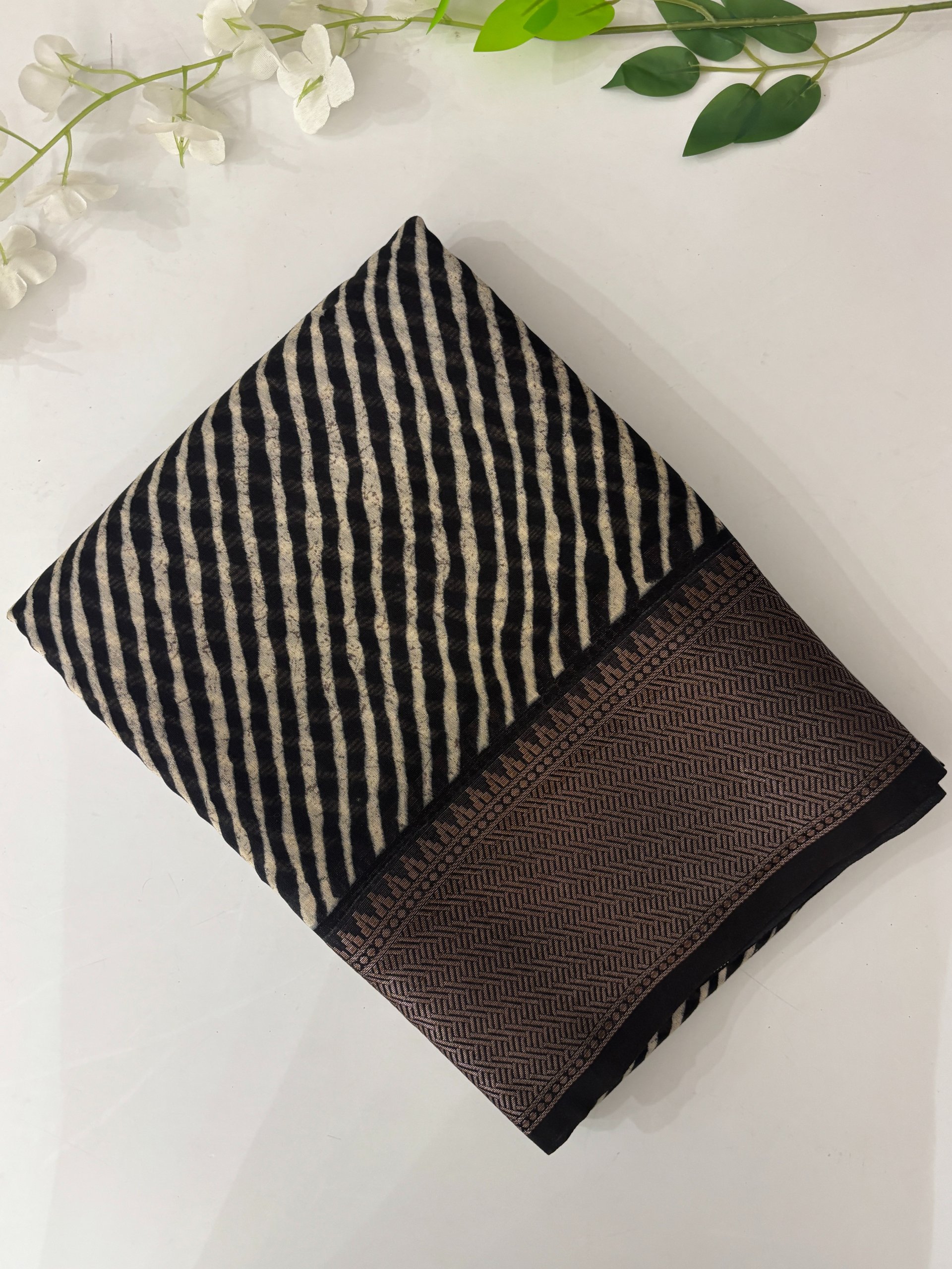 Black Lehariya Chanderi Cotton Saree