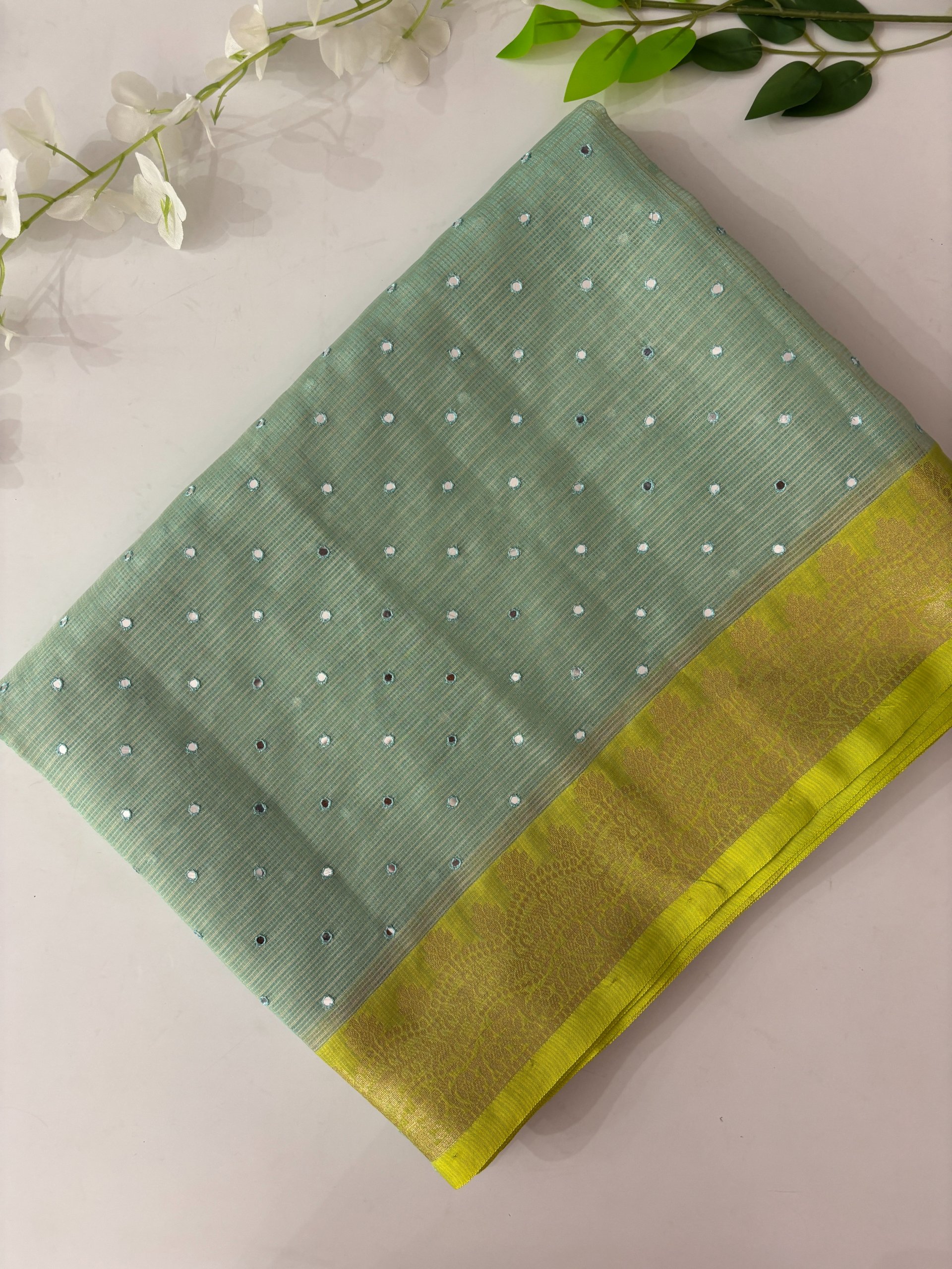 Pista Green Kota Cotton Saree with Mirror Work