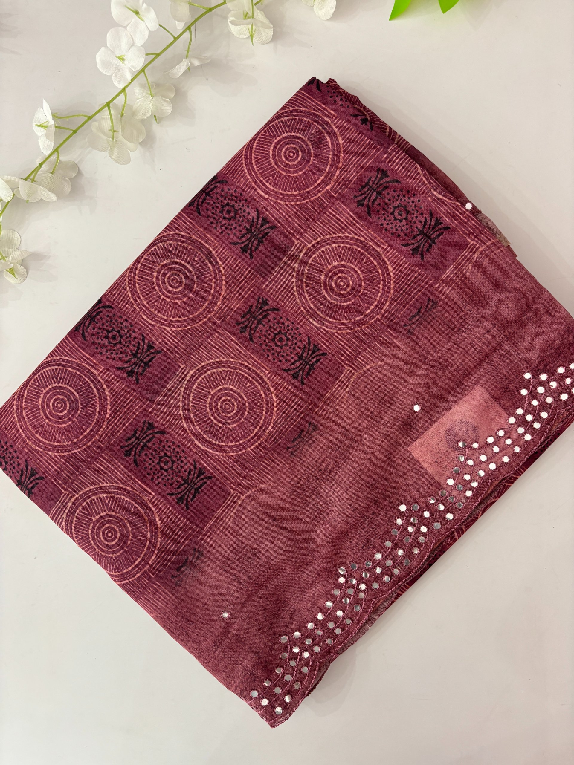Pink Scalping Border Digital Chanderi Cotton Saree with Mirror Work