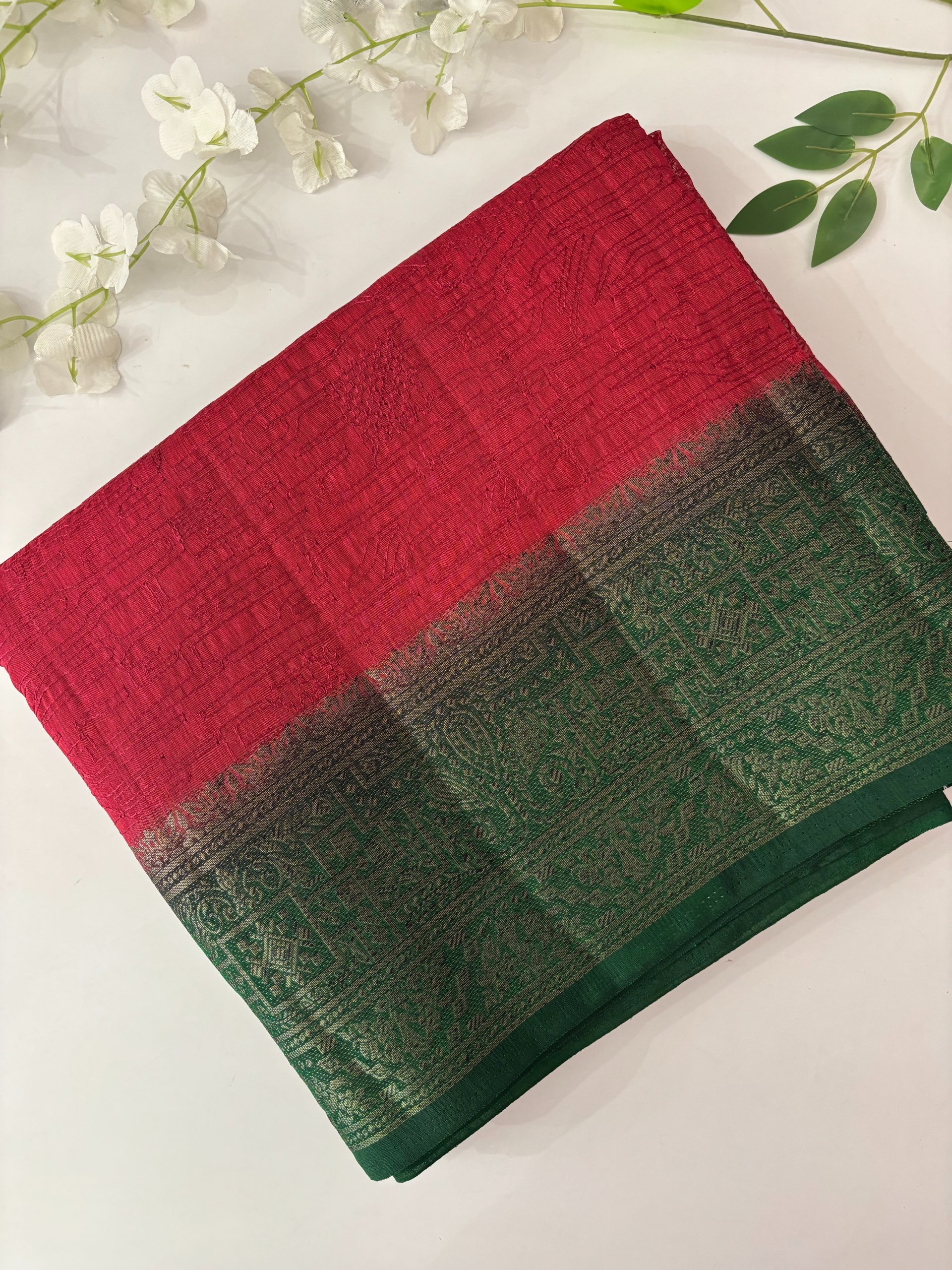 Red Banarasi Jute Linen Silk Saree with Embroidery
