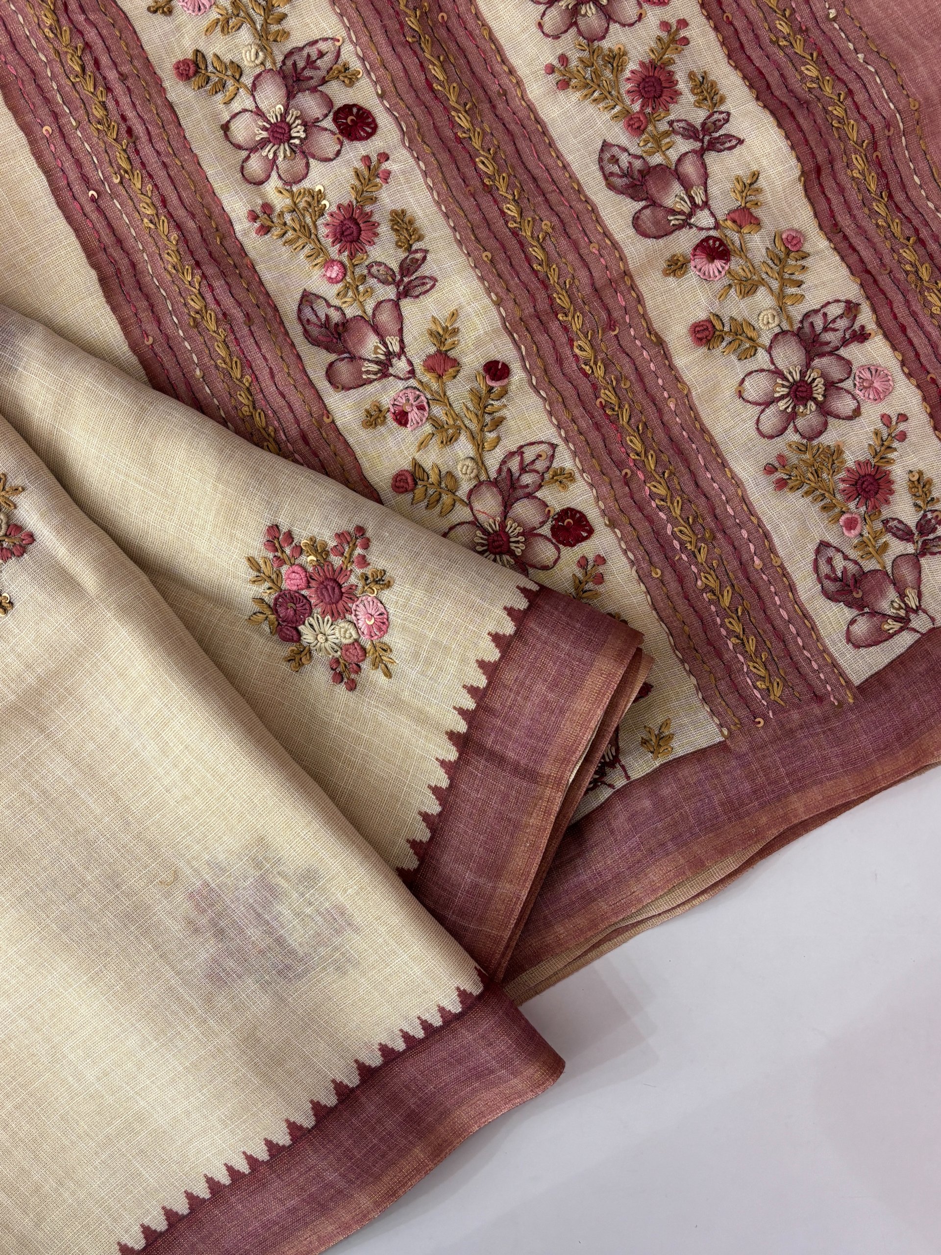 Cream and Onion Pink Tissue Linen Knot Work Saree