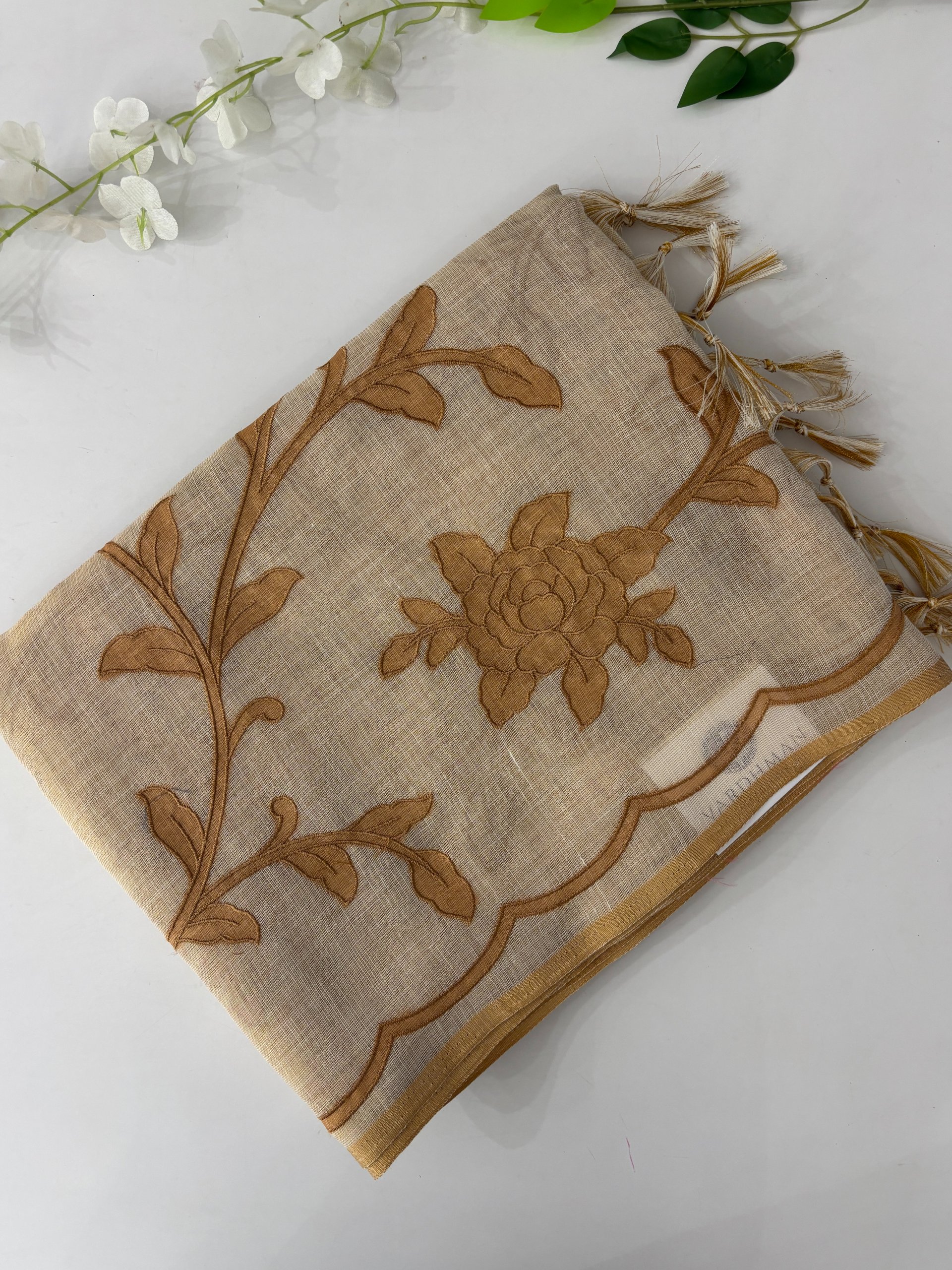 Cream with Mustard Applique Work Saree.