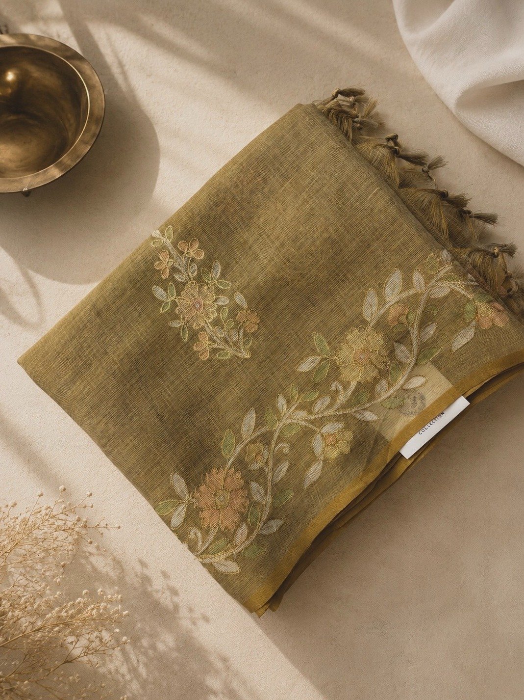 Mustard Tissue Linen Sarees with Zari Embroidery