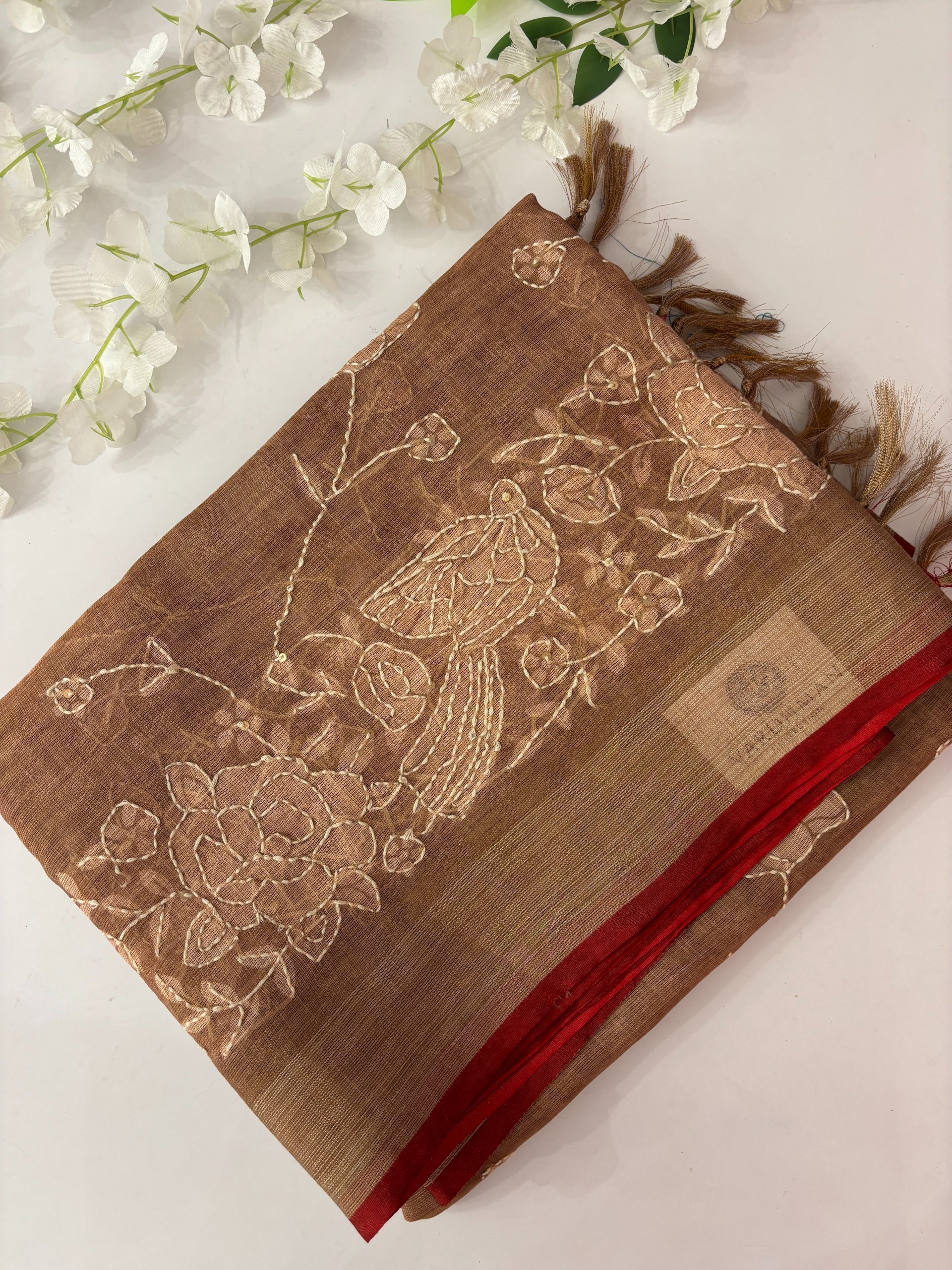Brick Linen Tissue Saree with Kantha Work