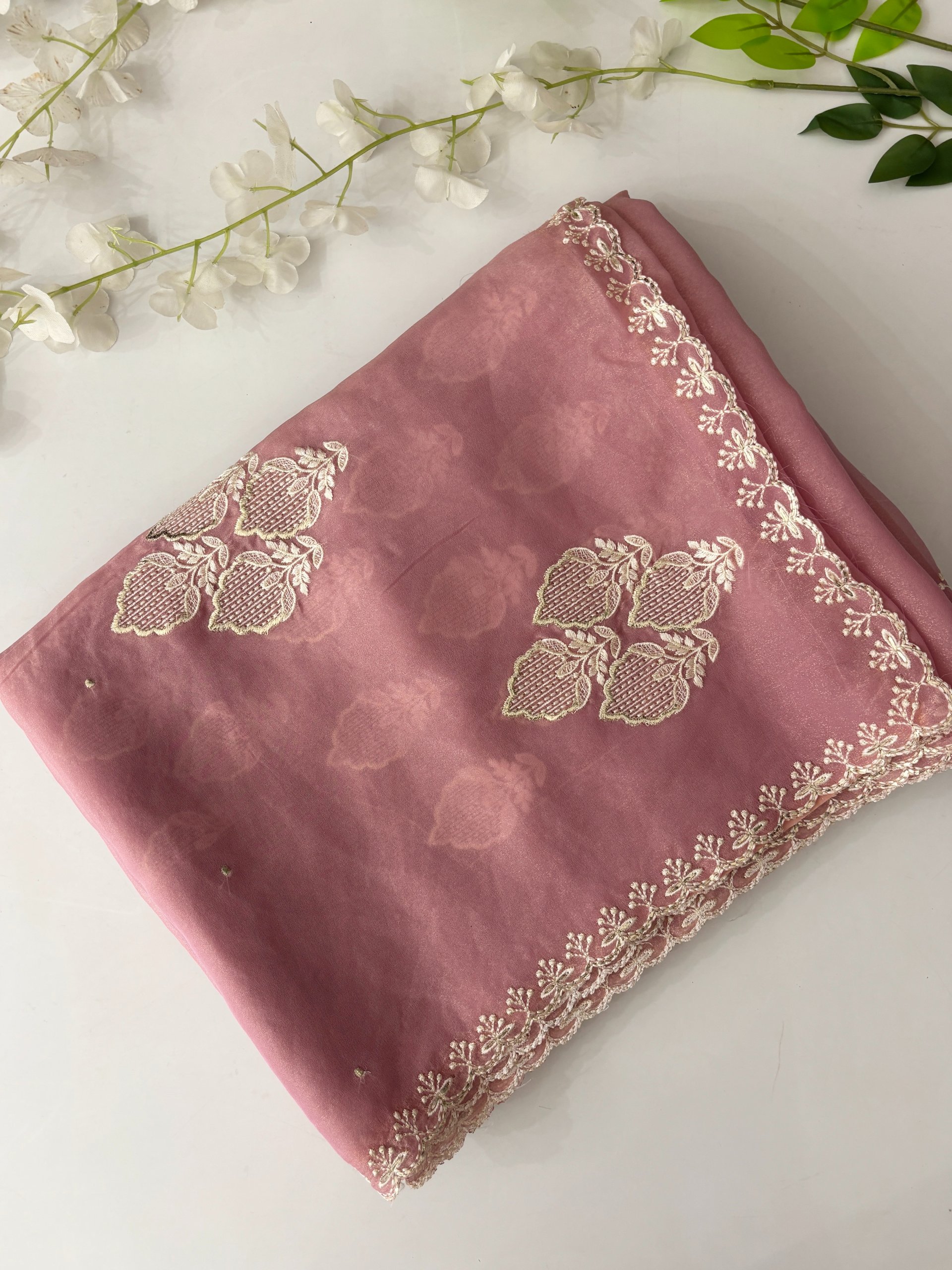 Pink Georgette Shimmer Saree with Delicate Embroidery
