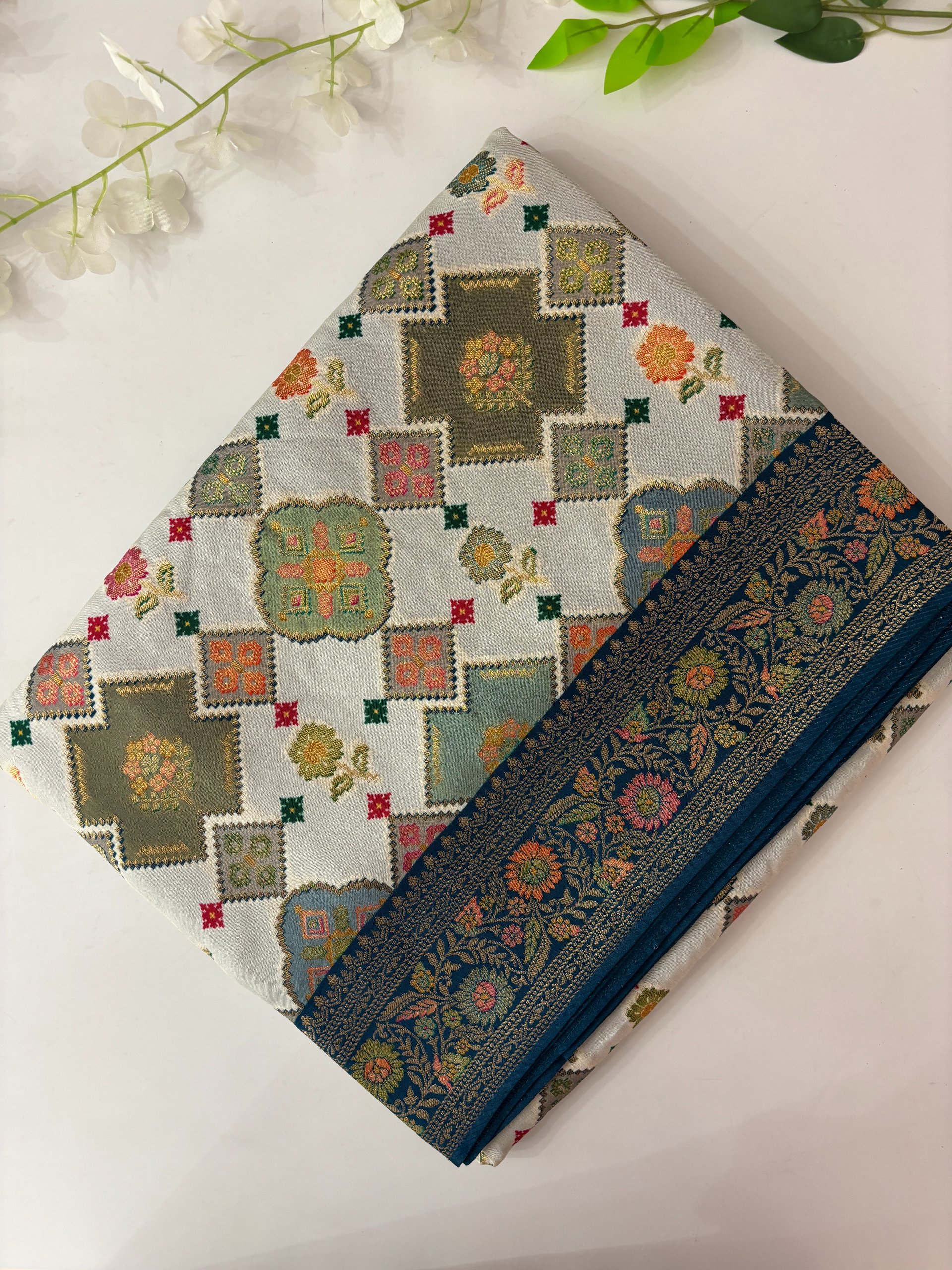 White and Blue Banarasi Patola Saree