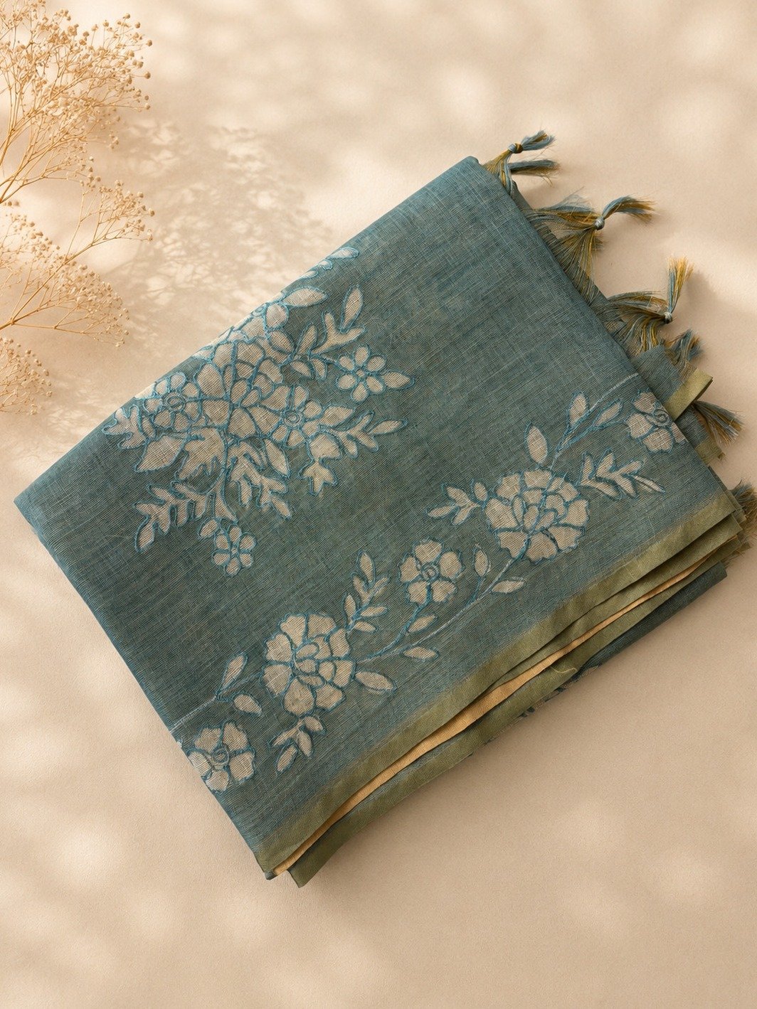 Blue Tissue Linen Saree with Embroidery