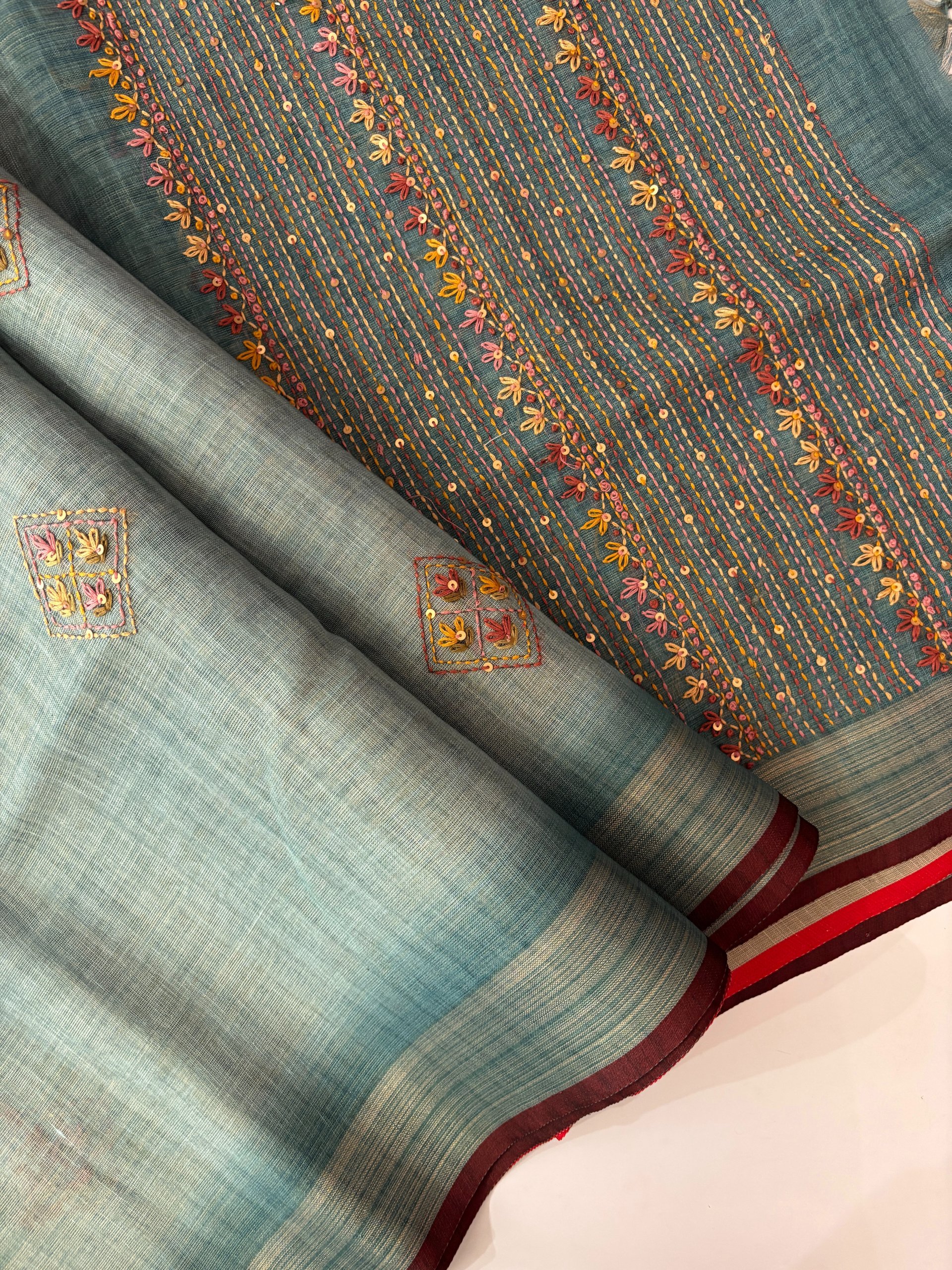 Blue Linen Tissue Saree with Knot Work