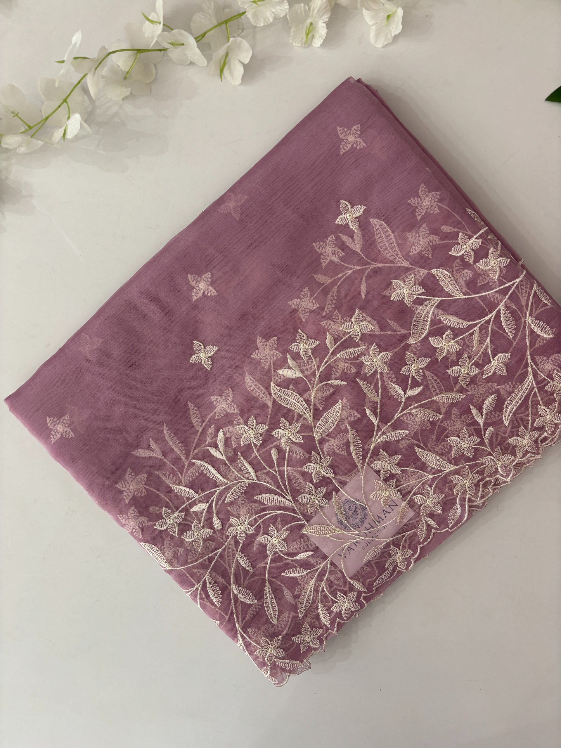 Lavender Organza Saree with Embroidery & Scalloping Border