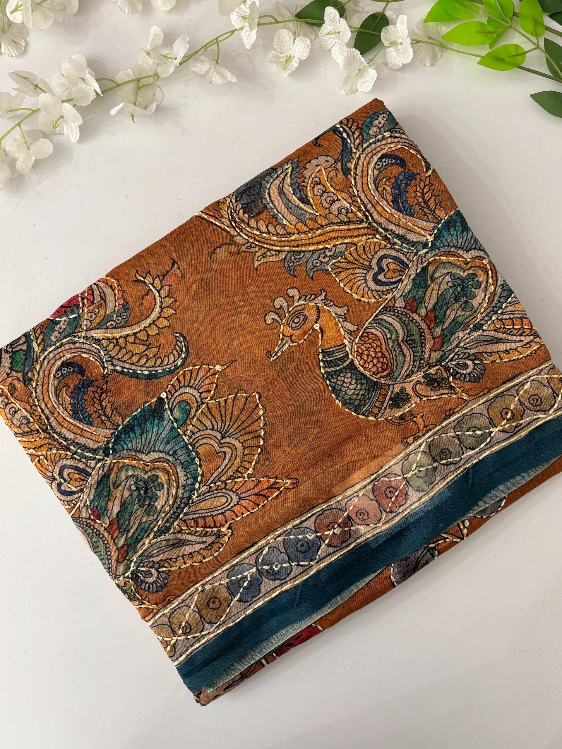 Rust Kalamkari X Chanderi Cotton Saree with Kantha Work