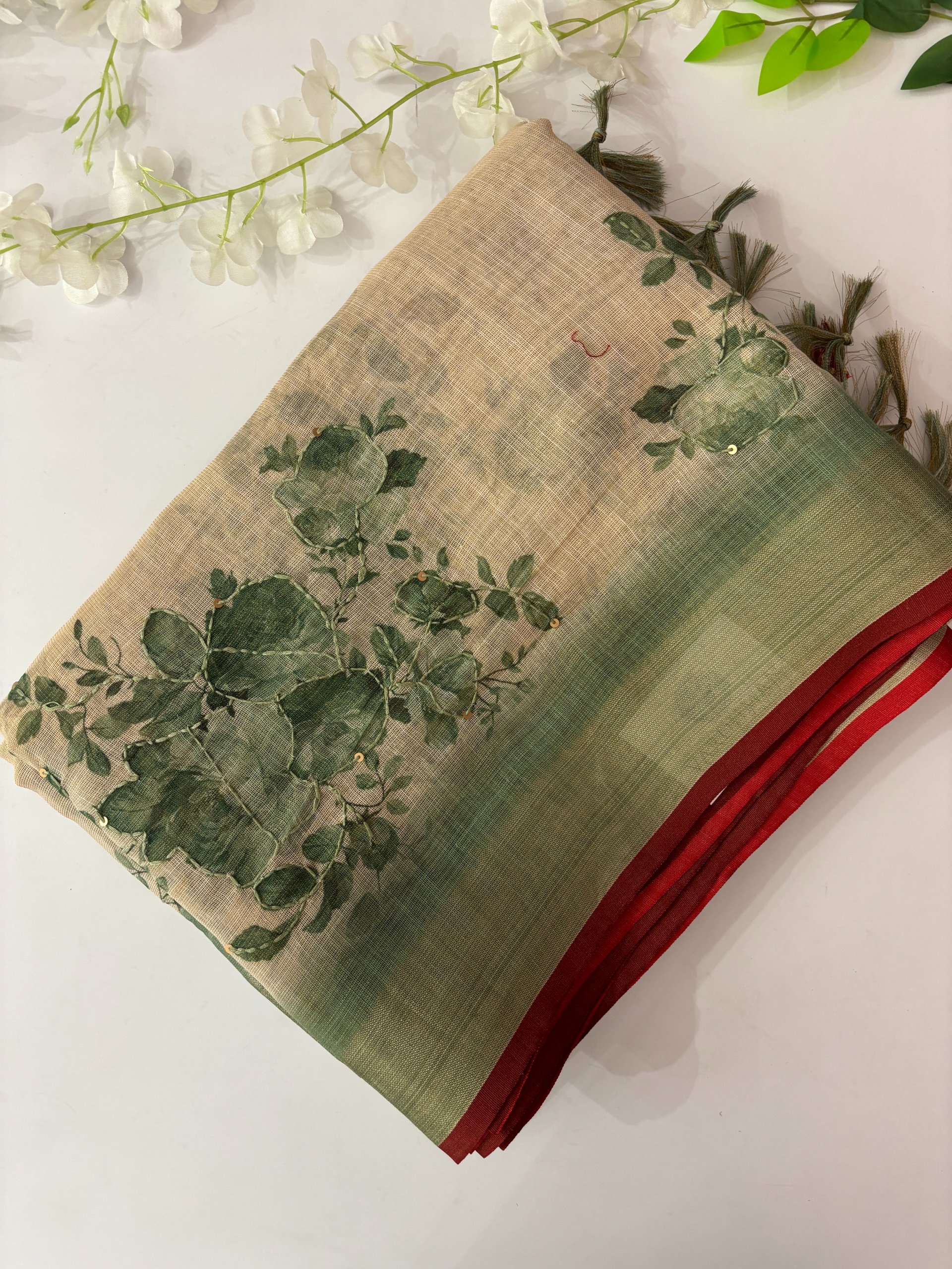 Green and Cream Linen Tissue Saree with Kantha Work