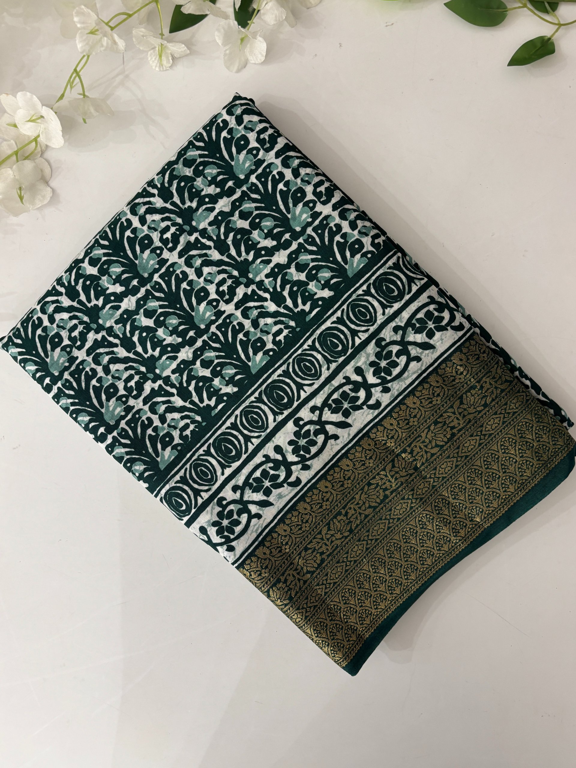 Green Batik Print Dola Silk Saree