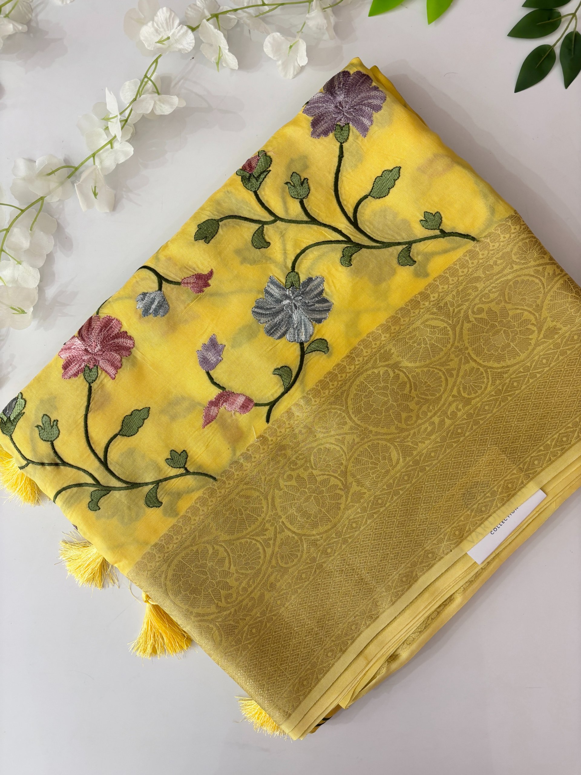 Yellow Dola Silk Sarees with Embroidery on it 