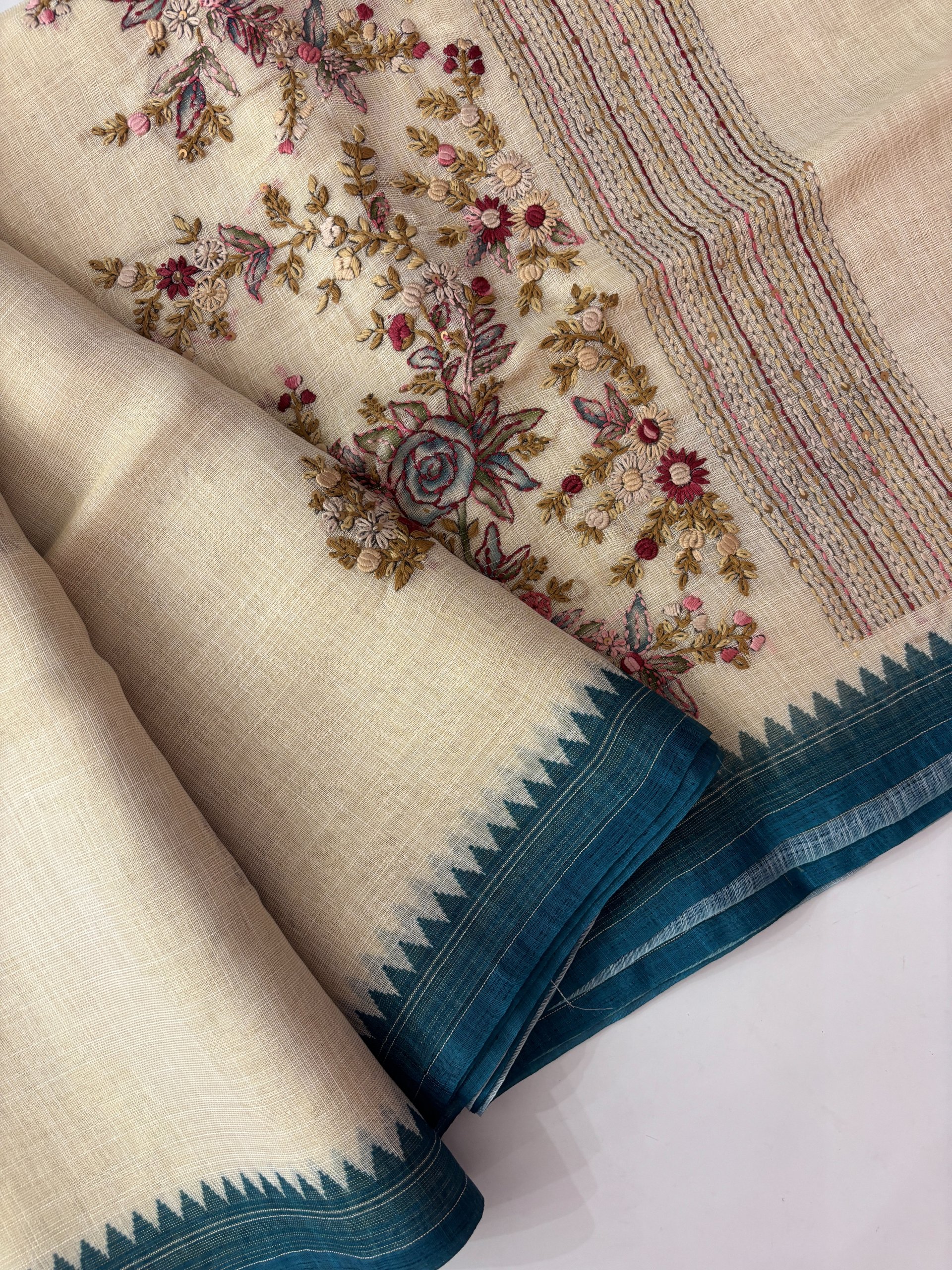 Blue Linen Tissue Saree with Knot Work