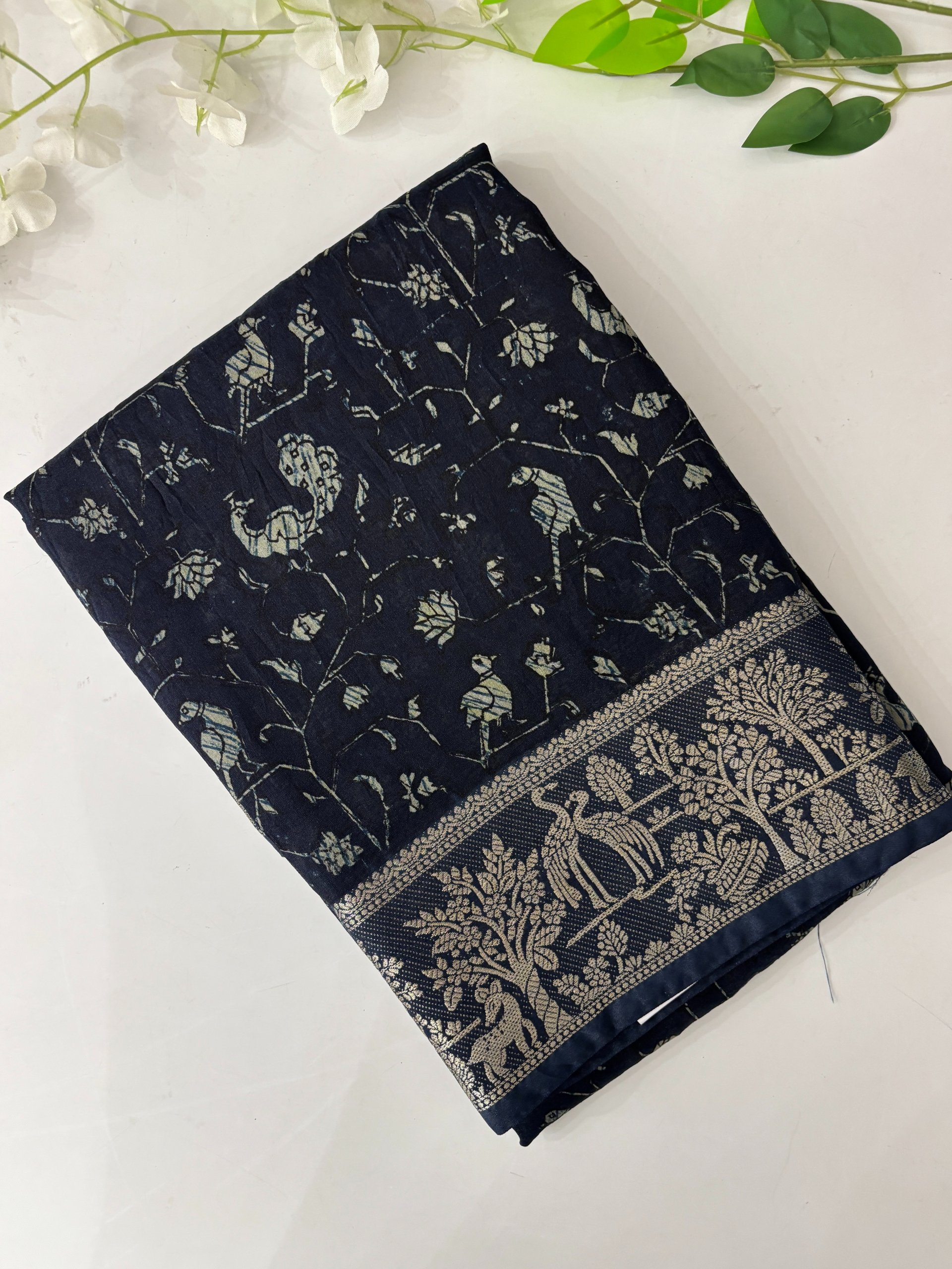 Semi Indigo Print Chanderi Cotton Saree