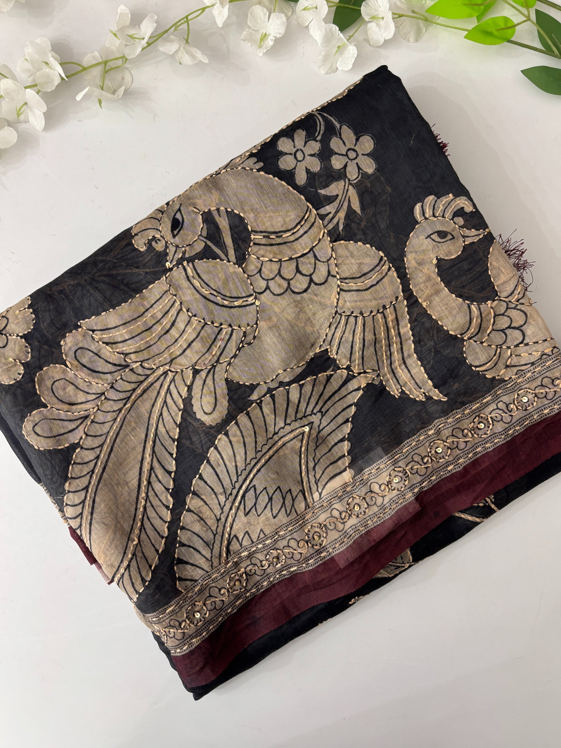 Dark Grey Kalamkari X Chanderi Cotton Saree with Kantha Work
