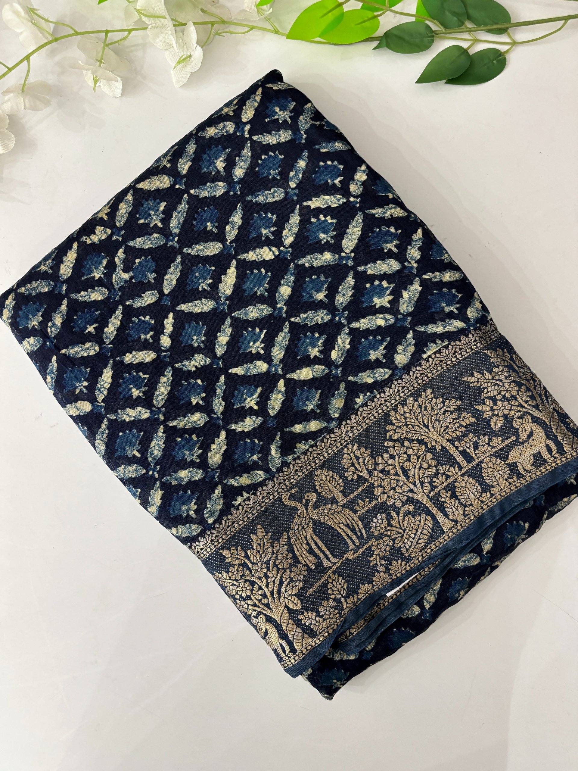 Semi Indigo Print Chanderi Cotton Saree