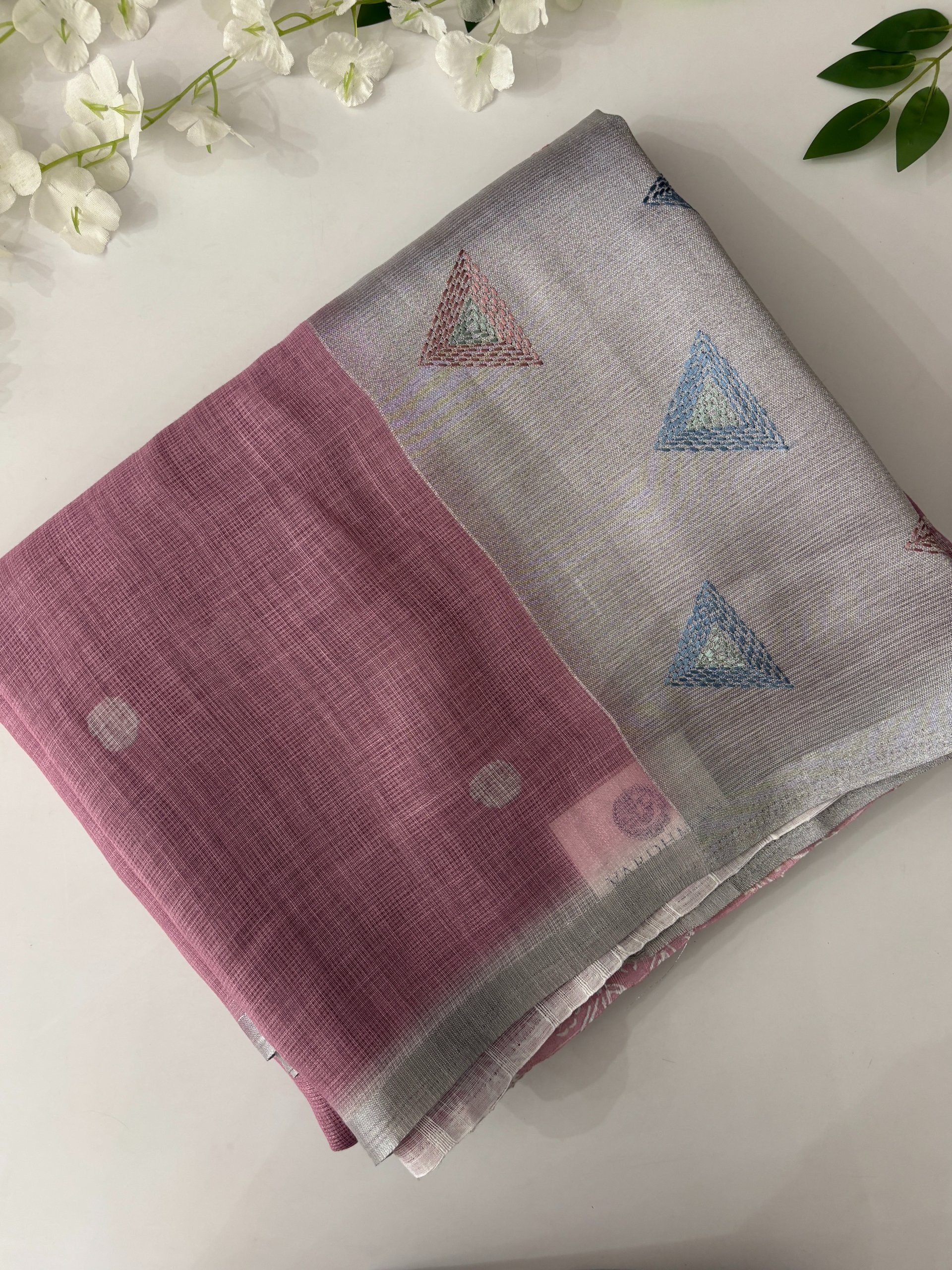 Onion Pink Jute Linen Sarees with Embroidery