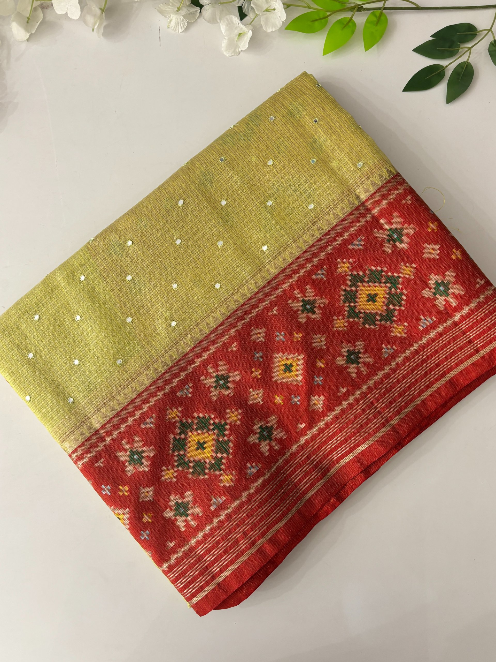 Parrot Green Kota Cotton Saree with Mirror Work