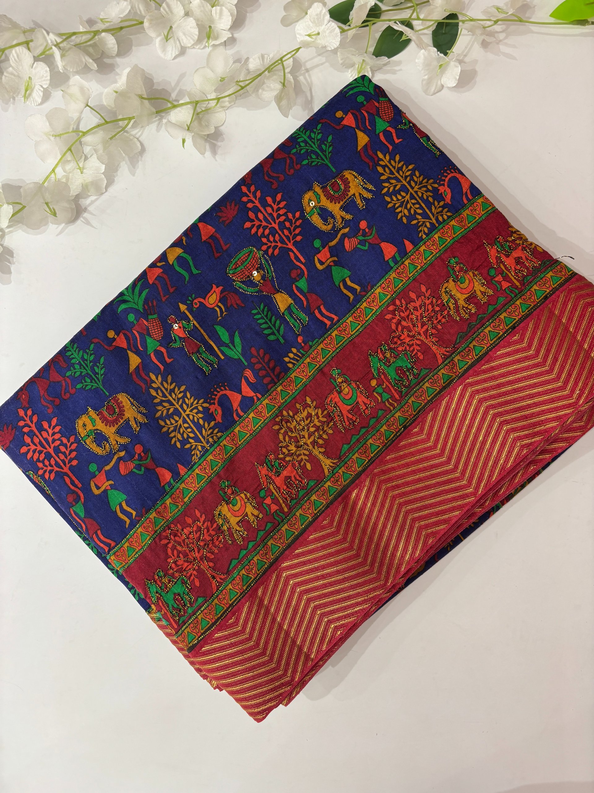 Navy Blue Printed Tussar Silk Saree with Neem Zari Work