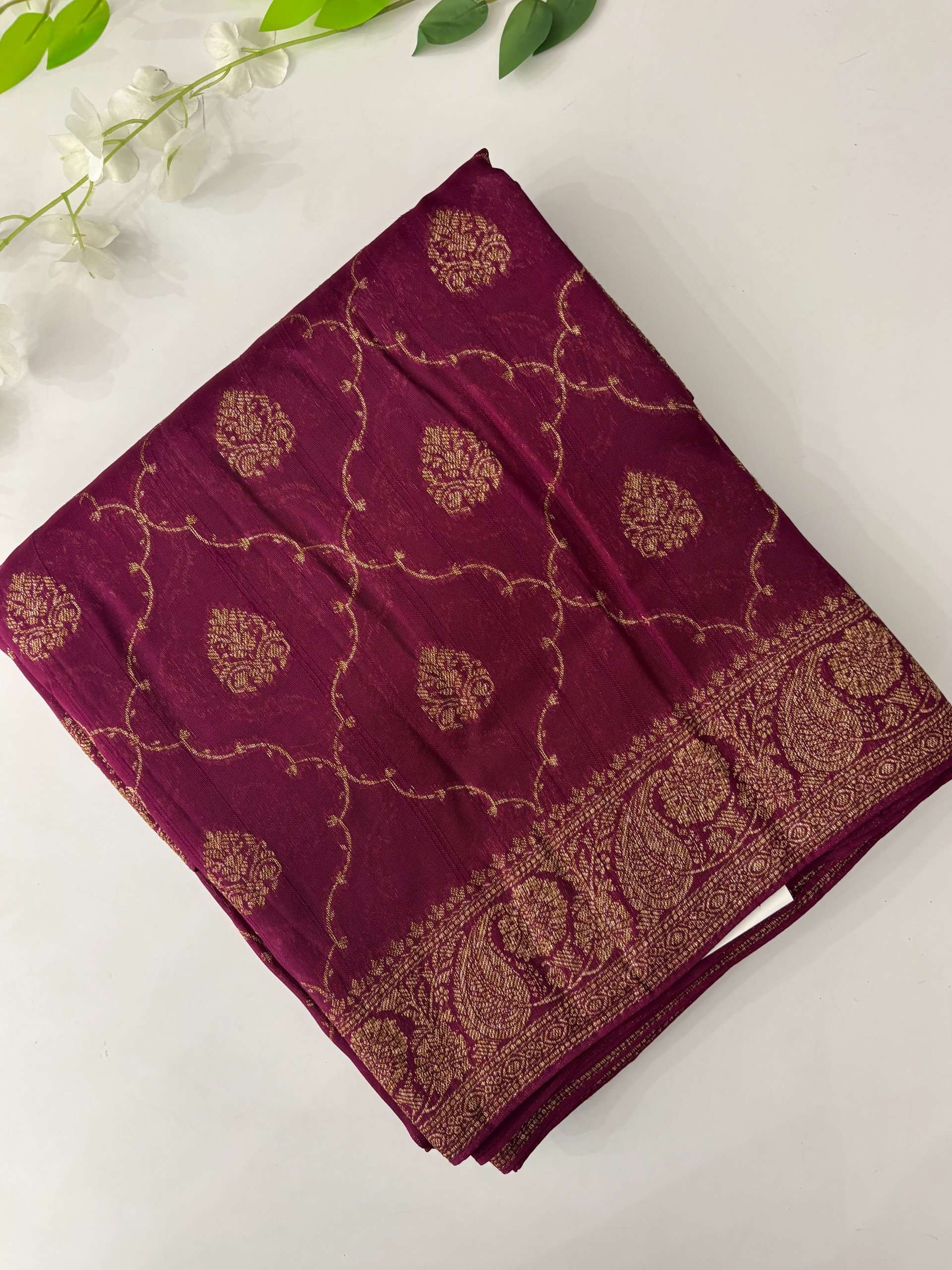 Wine Banarasi Tussar Silk Saree
