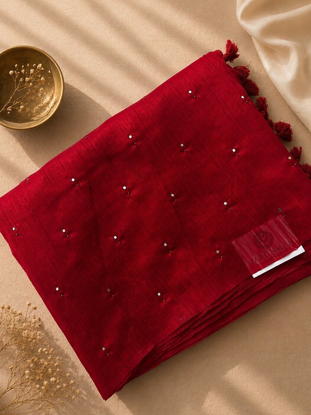 Red Raw Silk Saree with Mirror Work