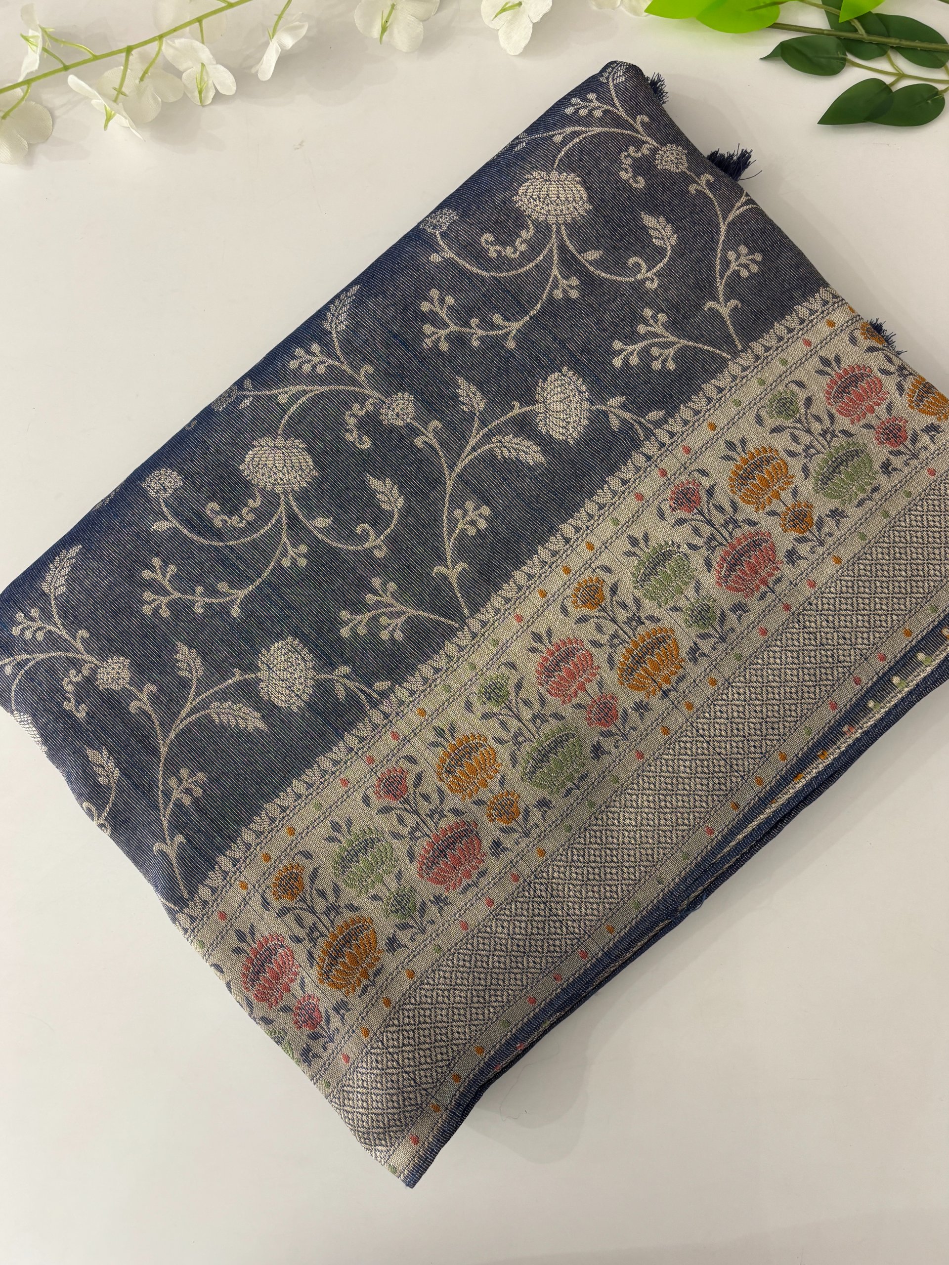 Navy Blue Banarasi Tussar Tissue Saree