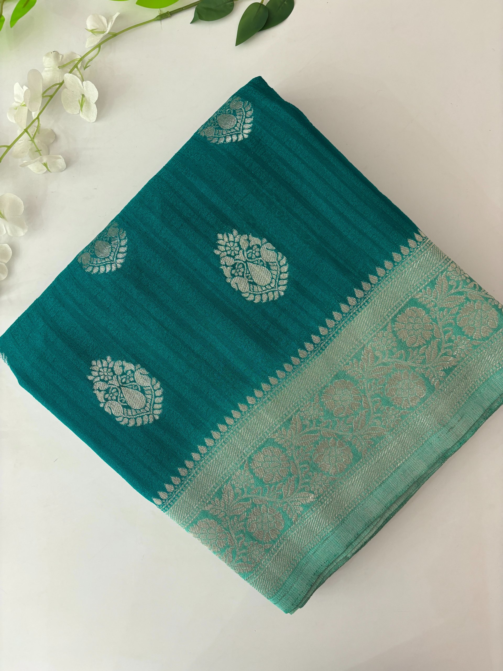 Turquoise Blue Banarasi Crush Georgette Sarees with Butta