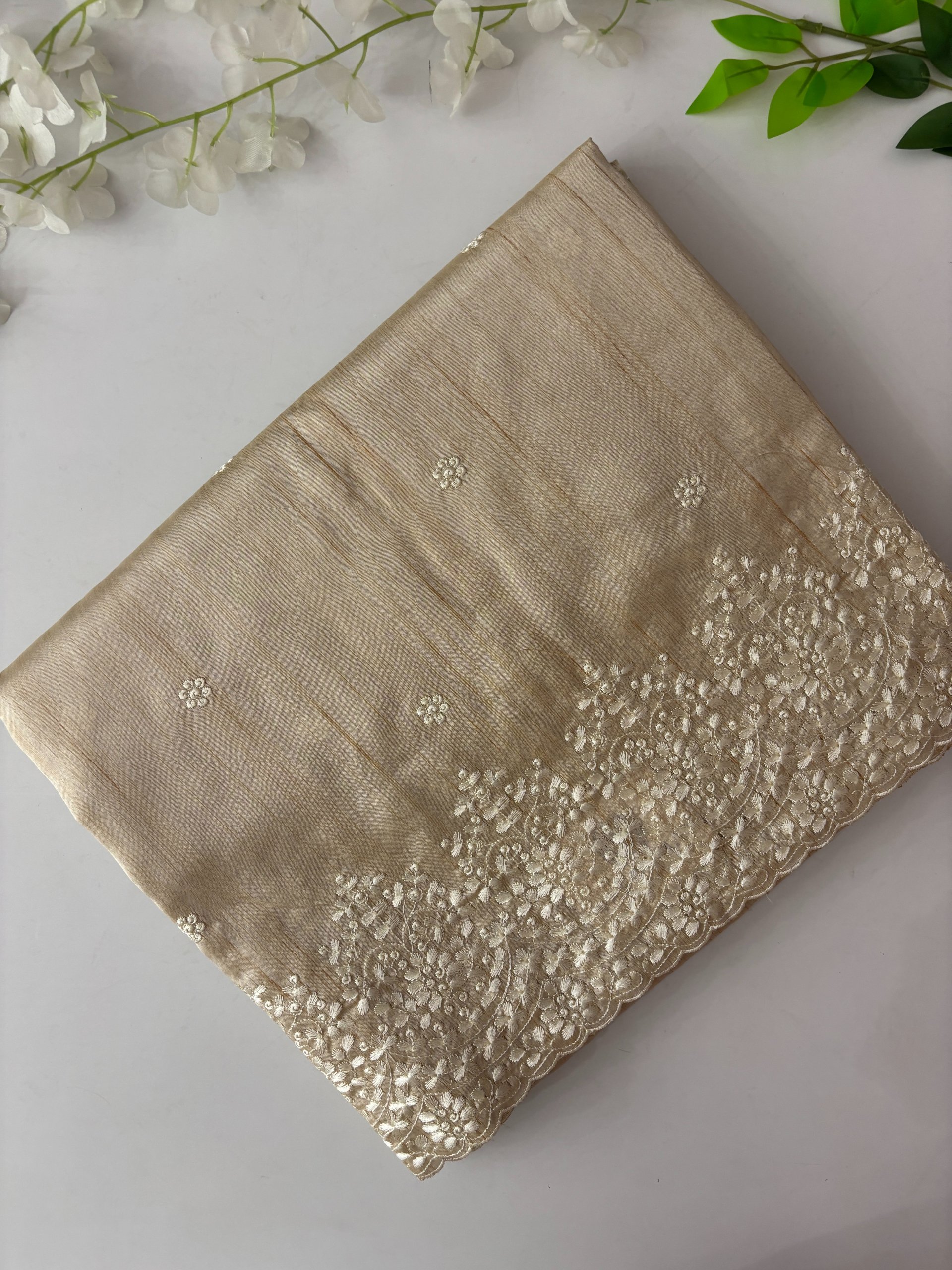 Beige Semi Tussar Silk Saree with Embroidery 