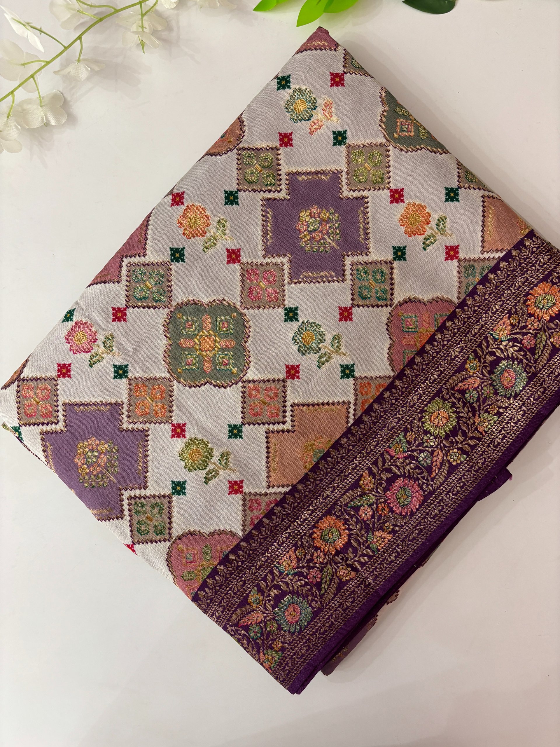 White and Purple Banarasi Patola Saree