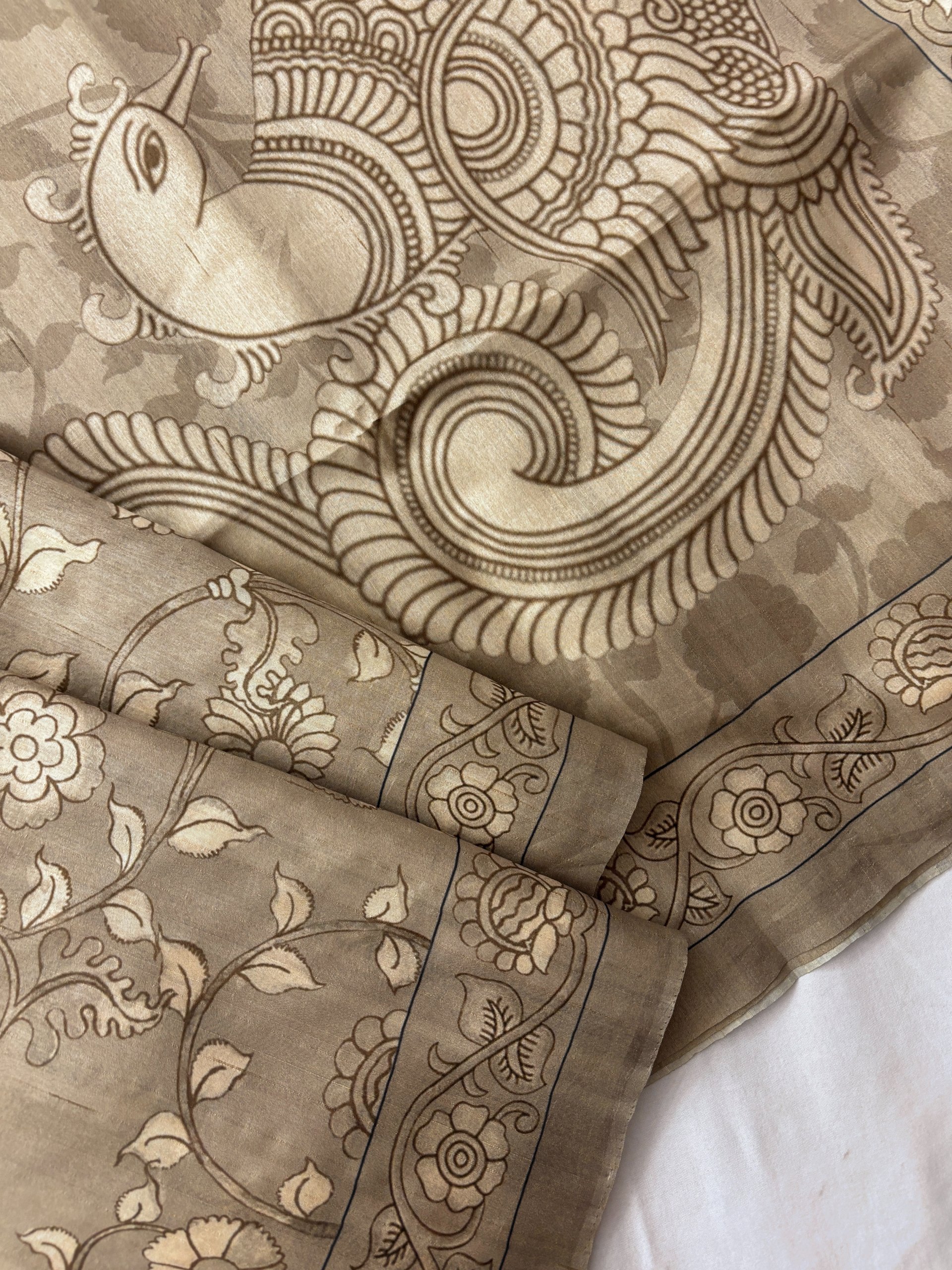 Beige Kalamkari Printed Tussar Silk Saree