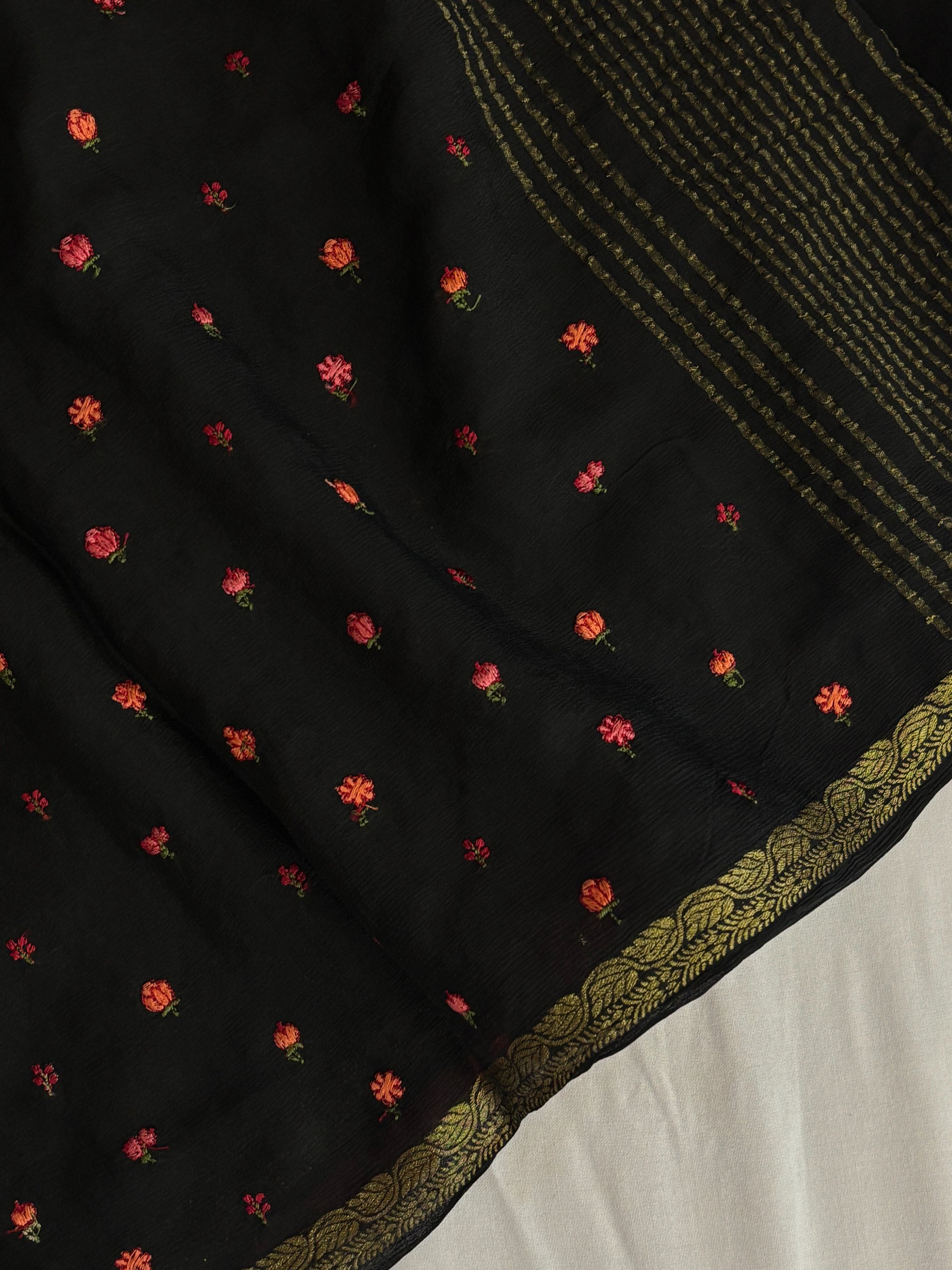 Black Fancy Chinon Chiffon Sarees with Embroidery