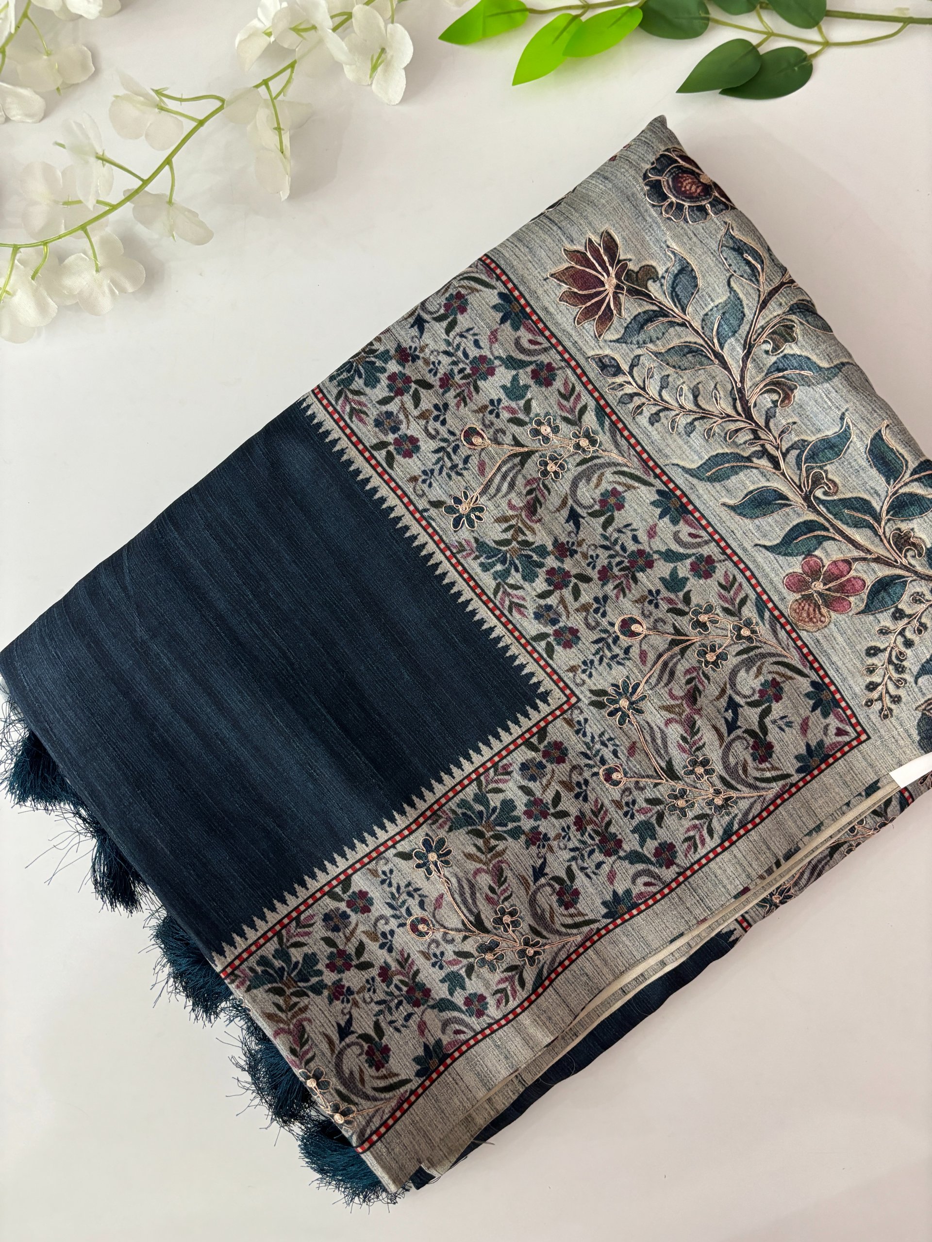Blue Tussar Silk Saree with Aari Work 