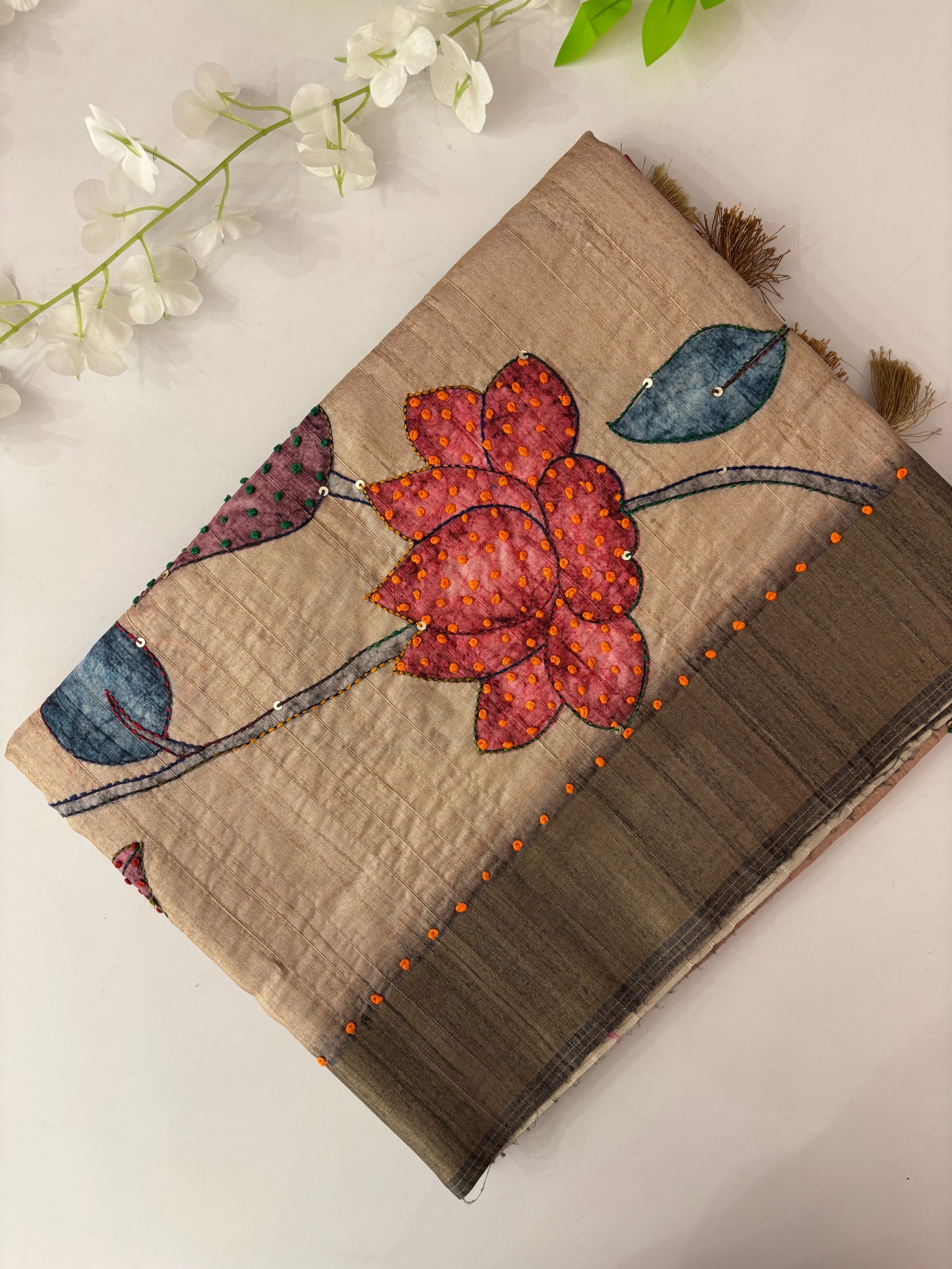 Grey and Pink Printed Raw Silk Saree with Knot Work