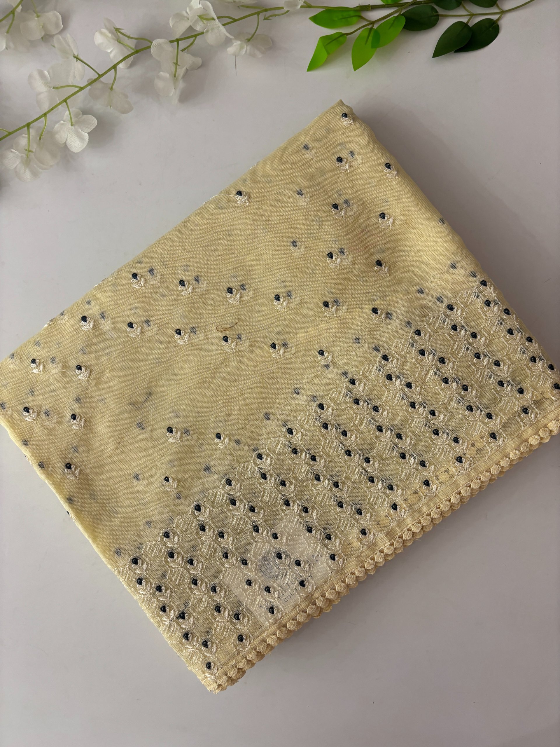 Light Yellow Supernet Saree with Embroidery on it!!