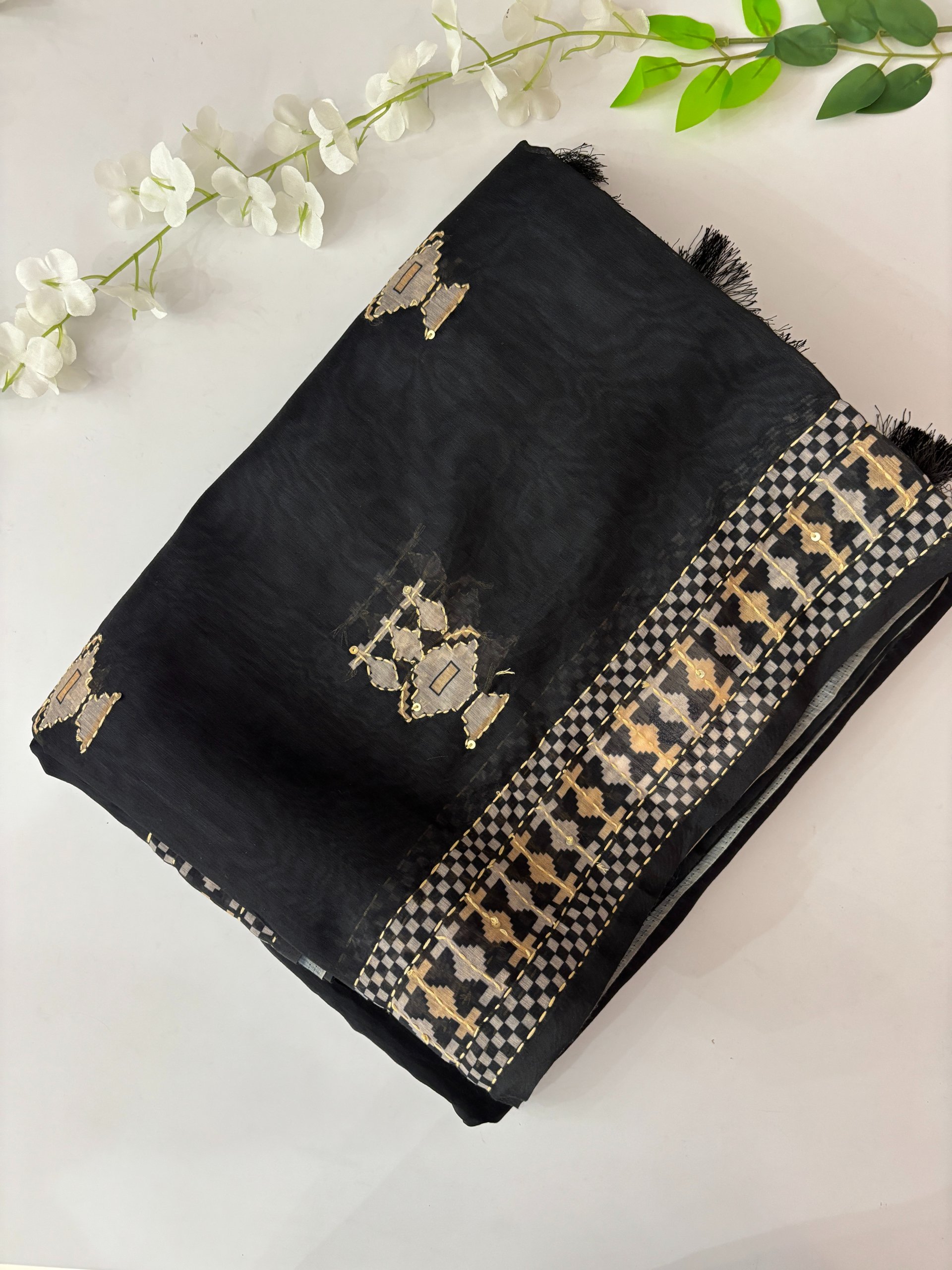 Black Kantha Work Saree