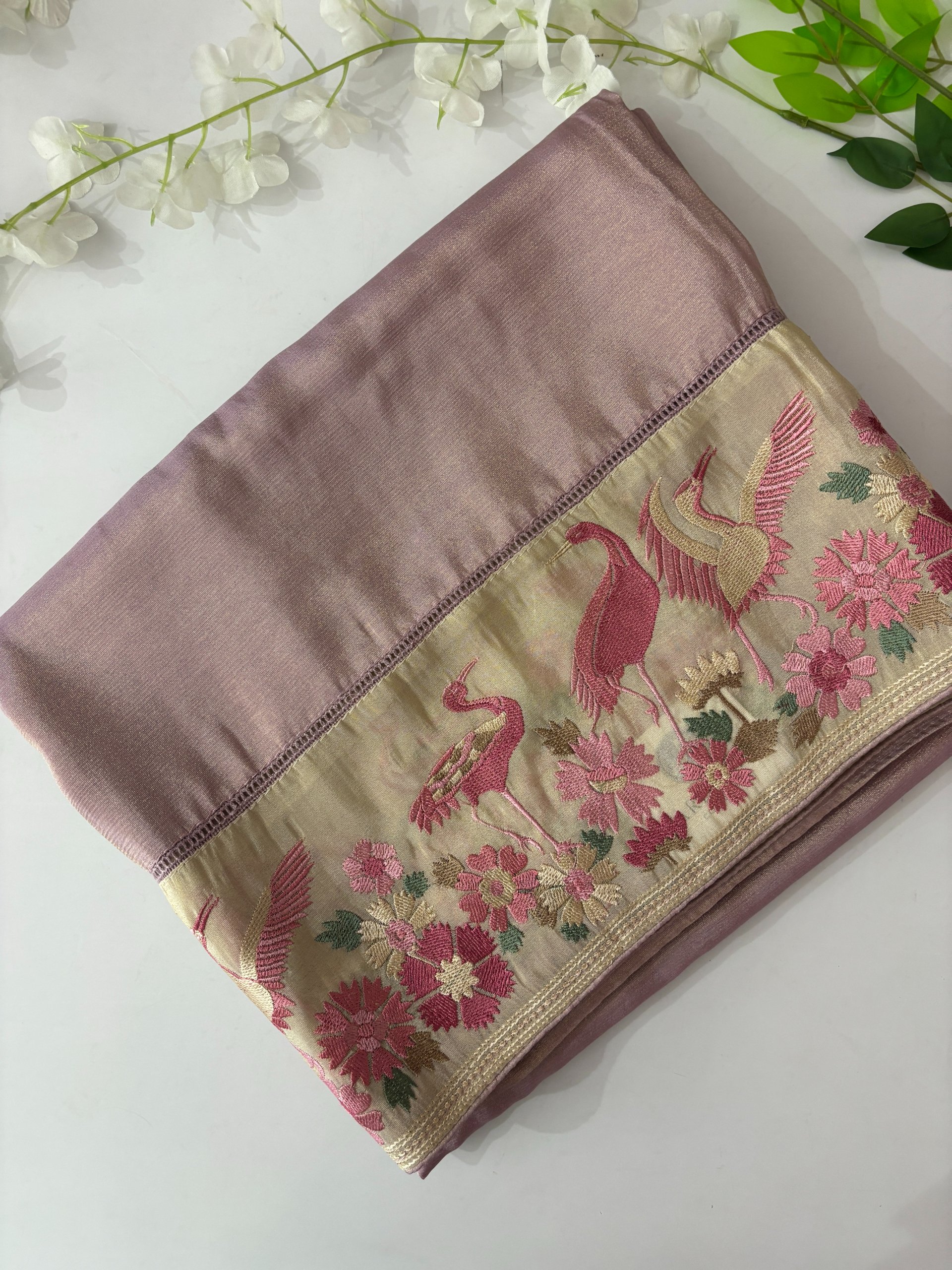 Lavender Pink Fancy Crush Tissue Saree with Embroidery