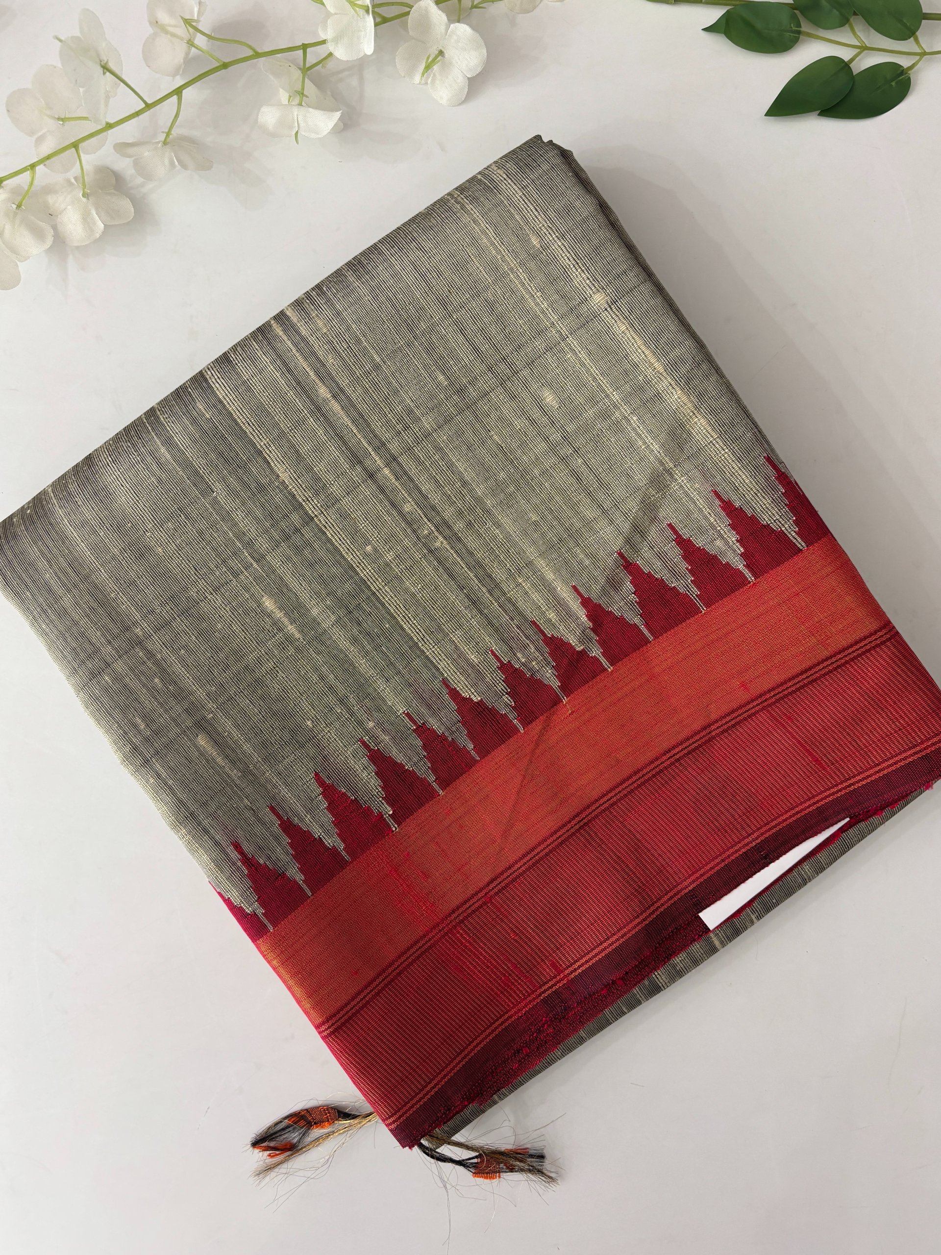 Grey Temple Border Pure Handloom Raw Silk Saree