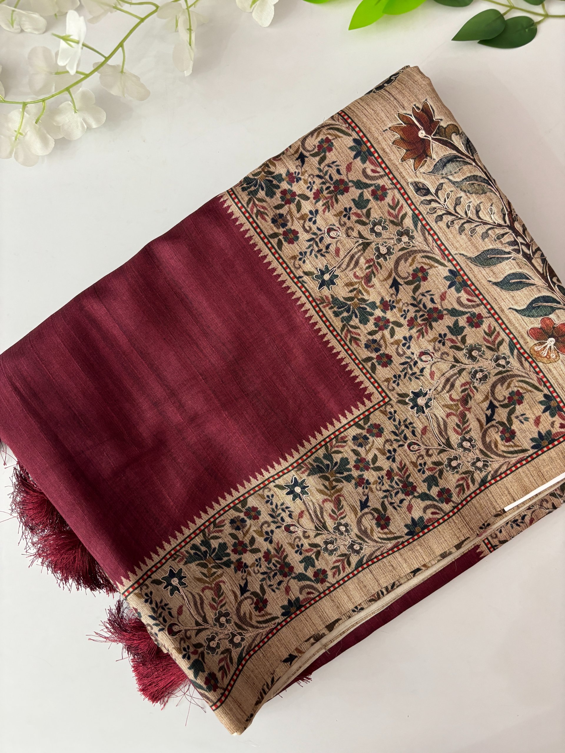 Wine Tussar Silk Saree with Aari Work 