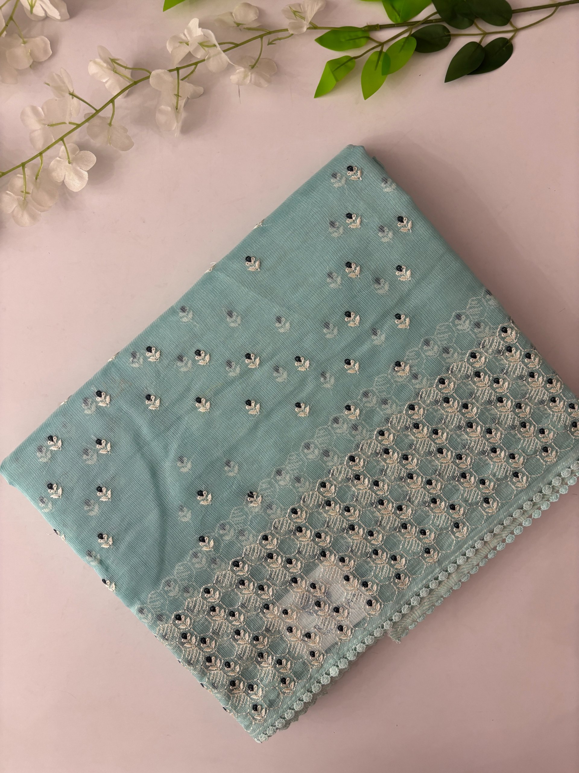 Light Blue Supernet Saree with Embroidery on it!!