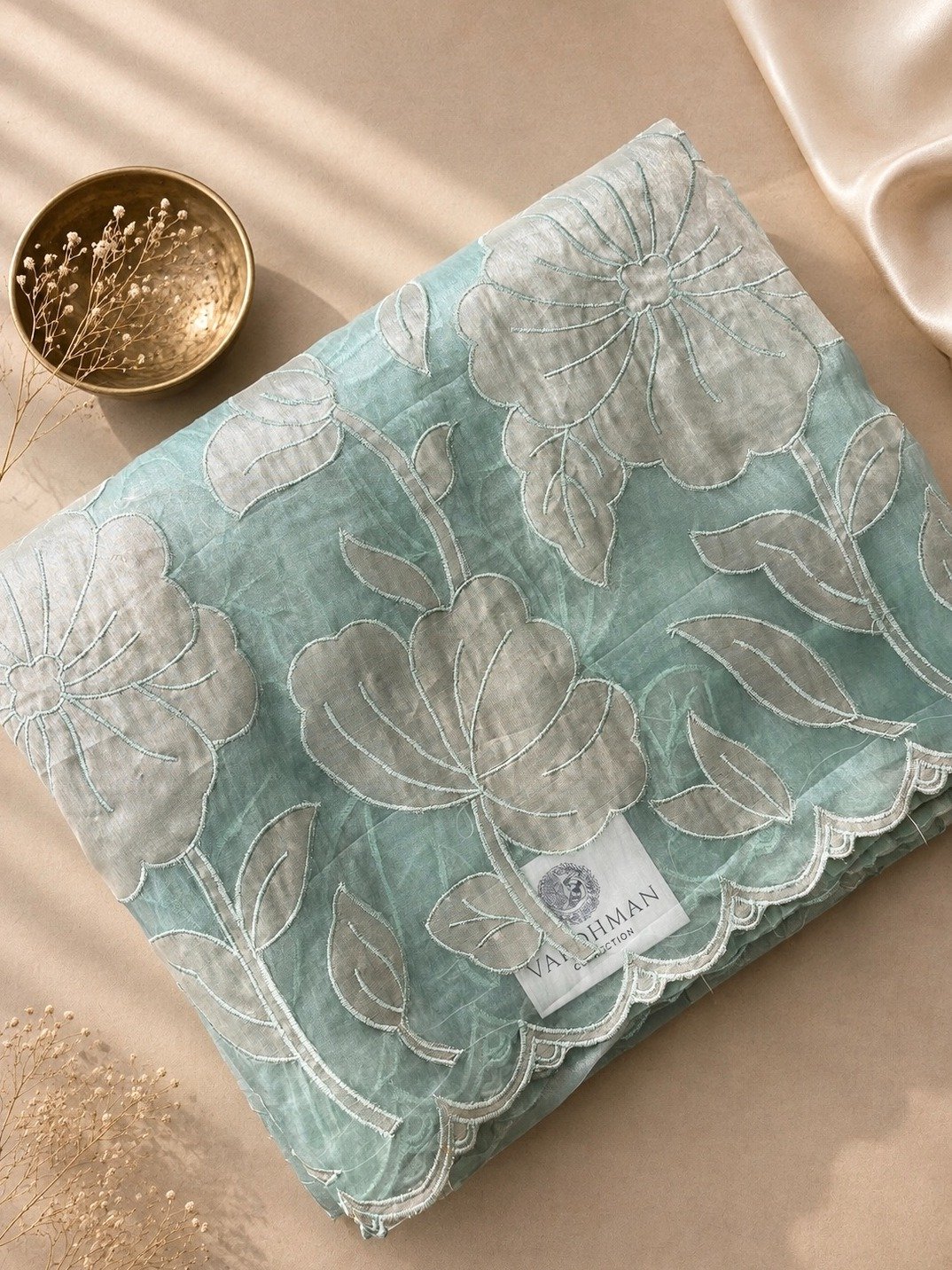 Light Blue Tissue Organza Sarees with Appliqué Work Embroidery