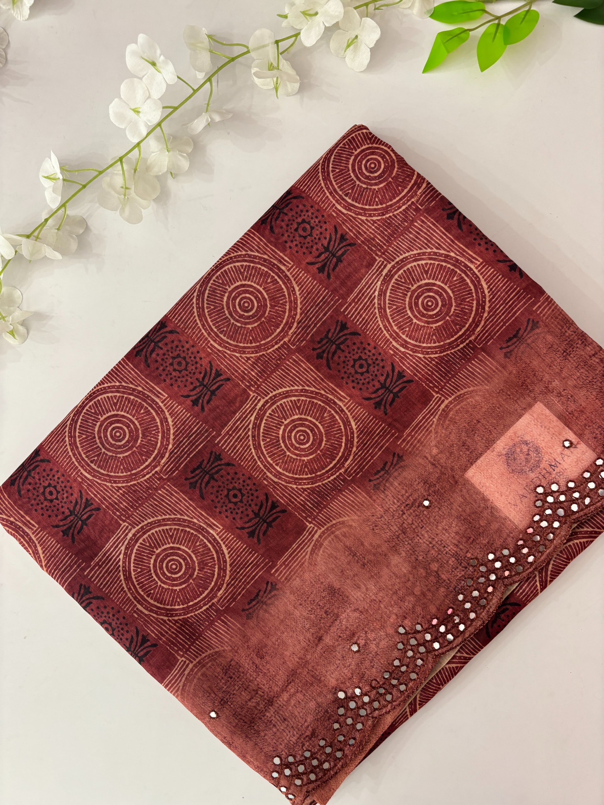 Maroon Scalping Border Digital Chanderi Cotton Saree with Mirror Work