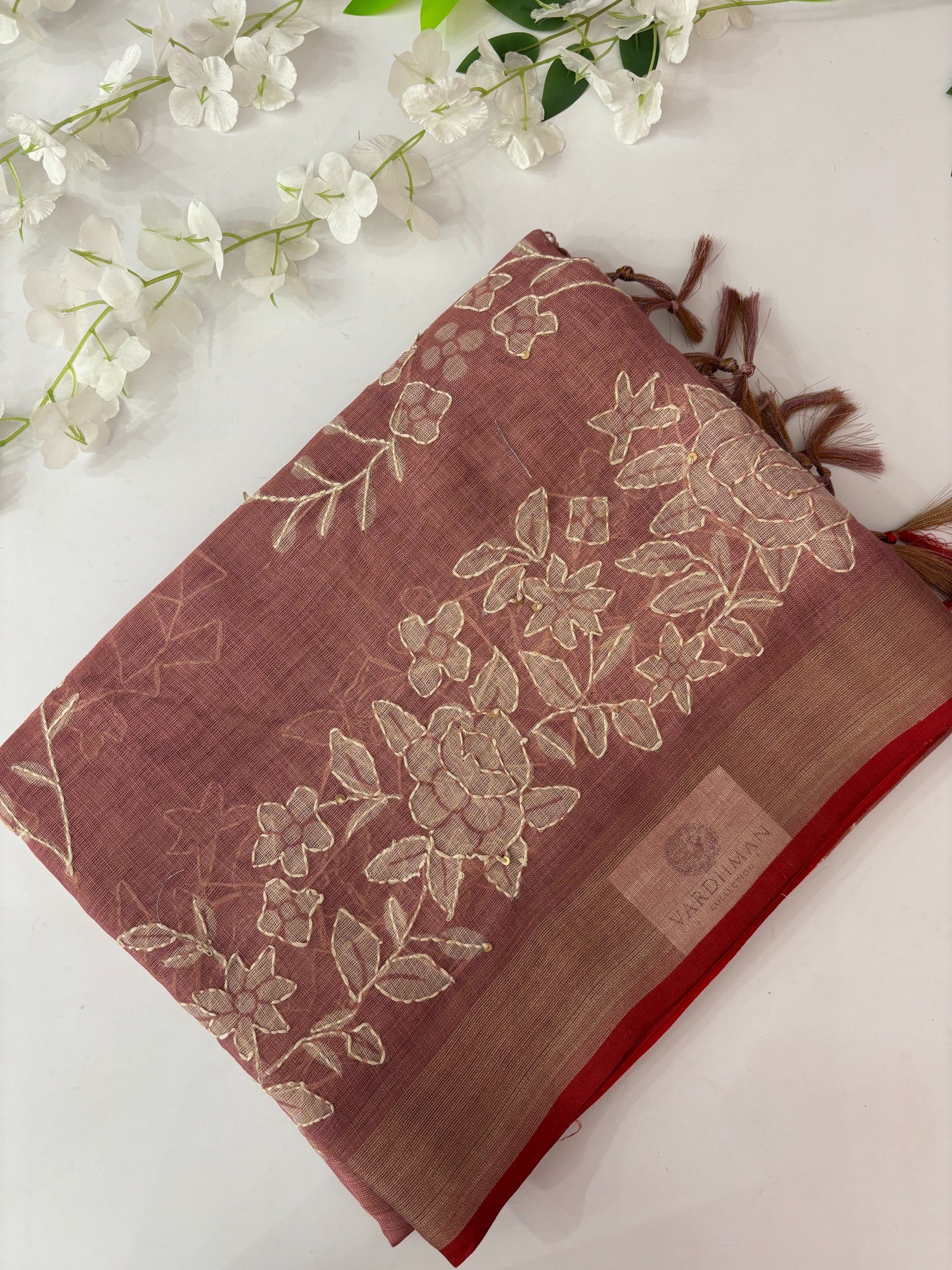 Pink Linen Tissue Saree with Kantha Work