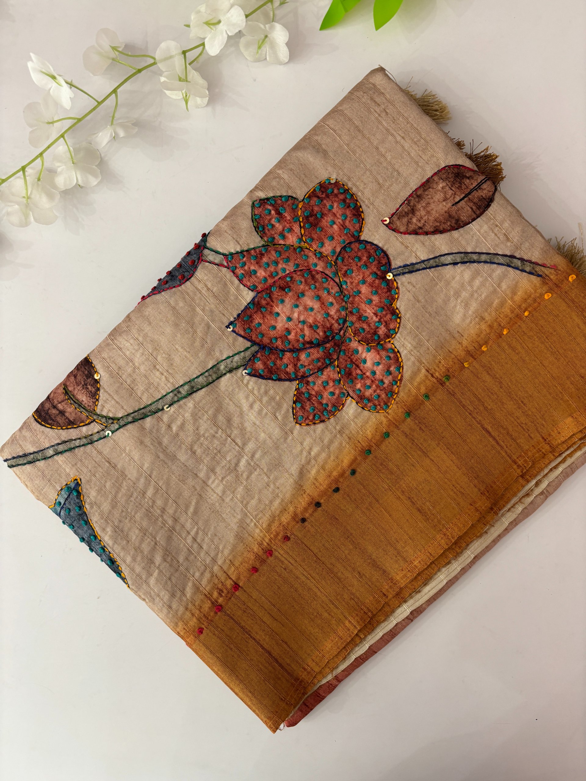 Printed Raw Silk Saree with Knot Work