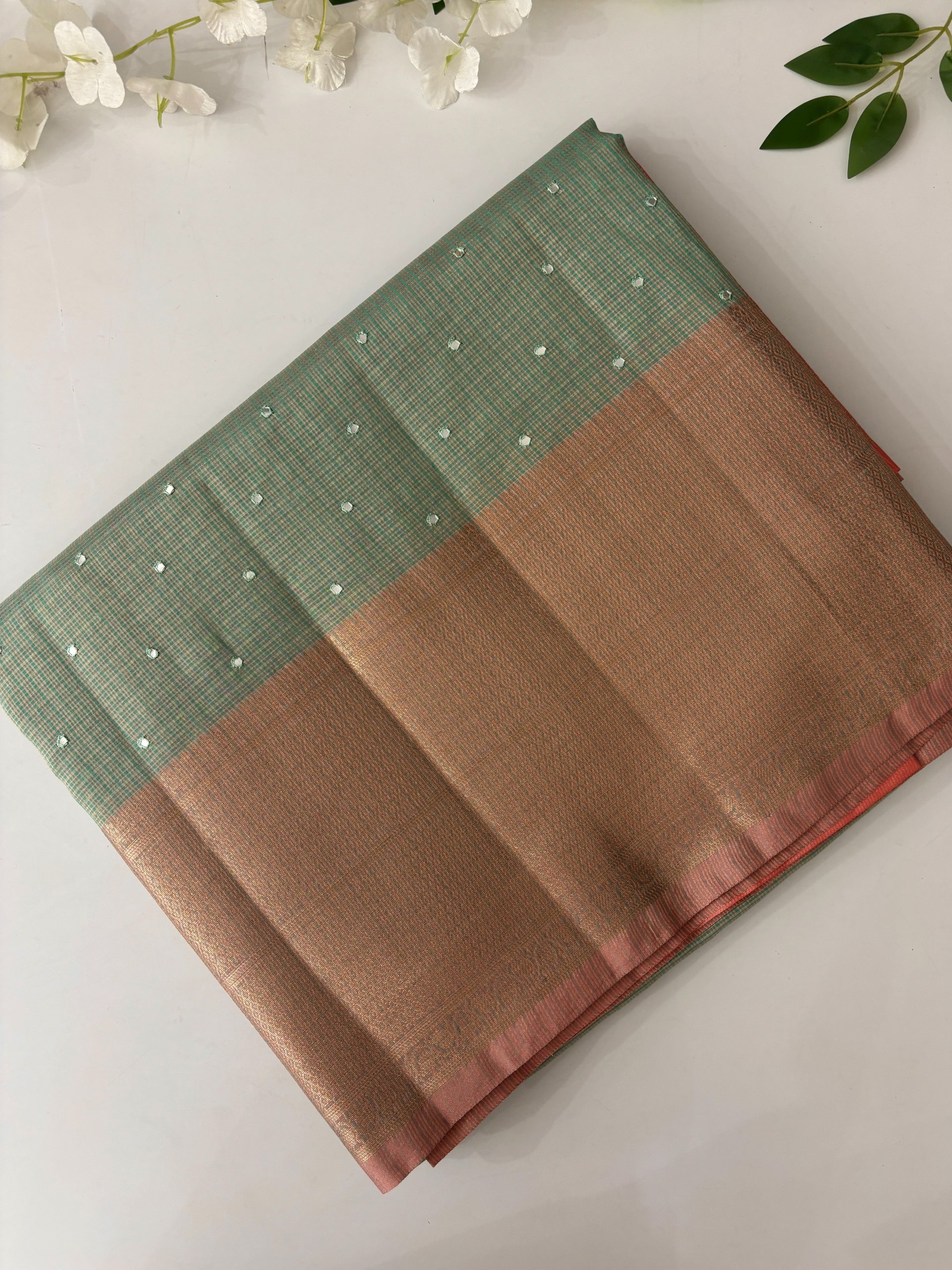 Light Teal Tissue Kota Cotton Saree with Mirror Work