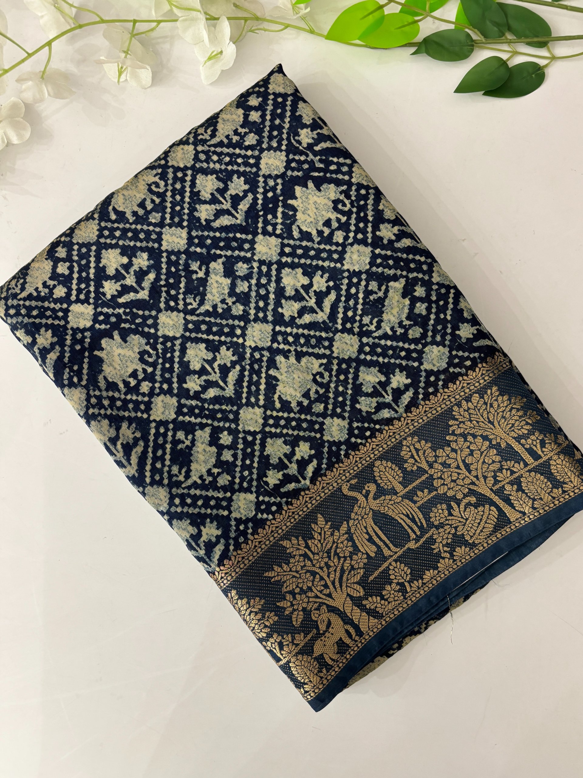 Semi Indigo Print Chanderi Cotton Saree