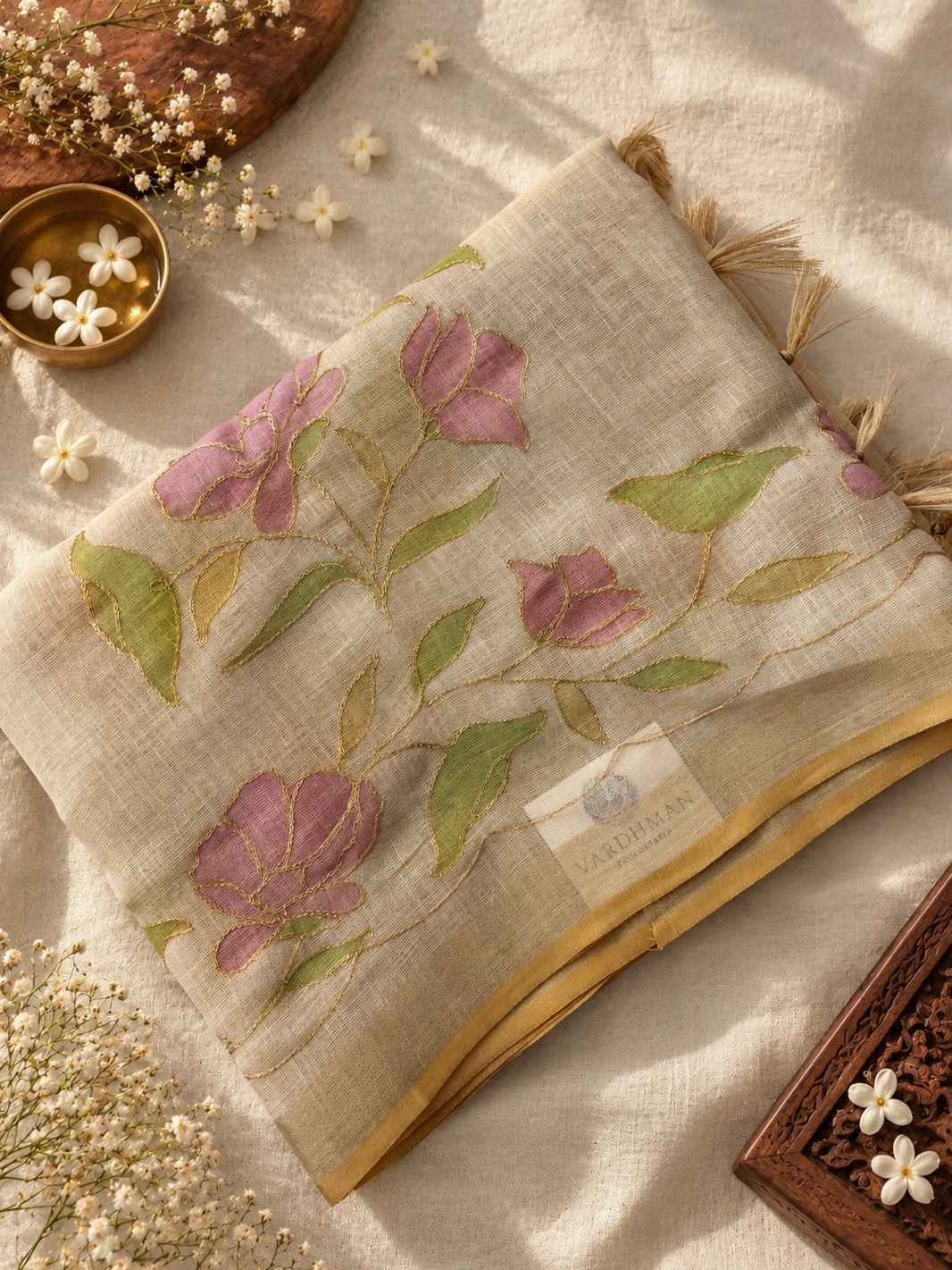 Cream Tissue Linen Sarees with Zari Embroidery